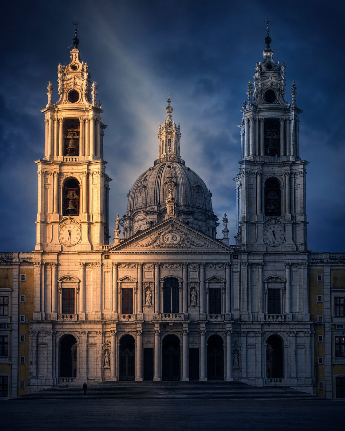 As duas torres da basílica de Mafra, onde dormem os maiores carrilhões do século XVIII.