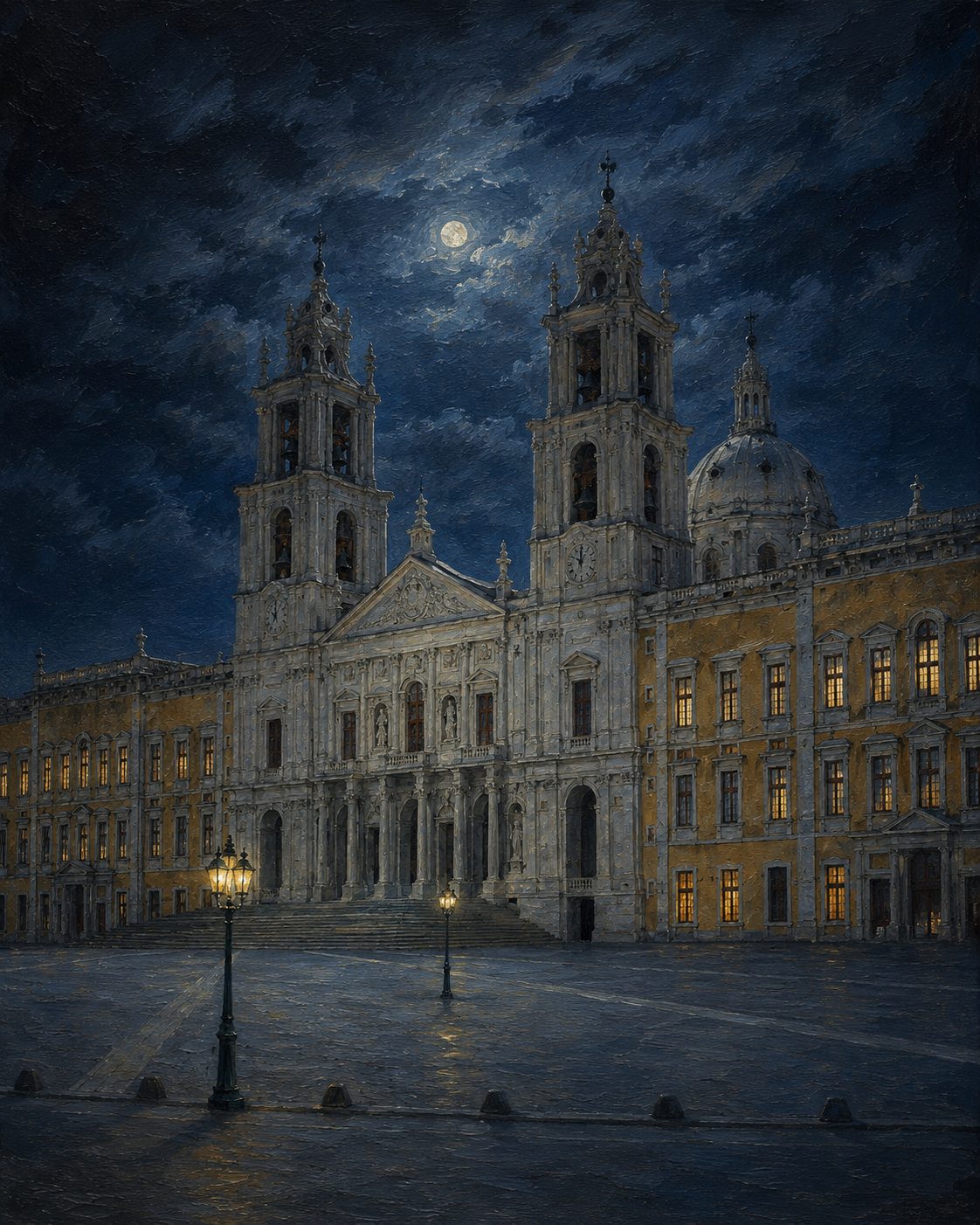 O Palácio-Convento de Mafra ao cair da noite.