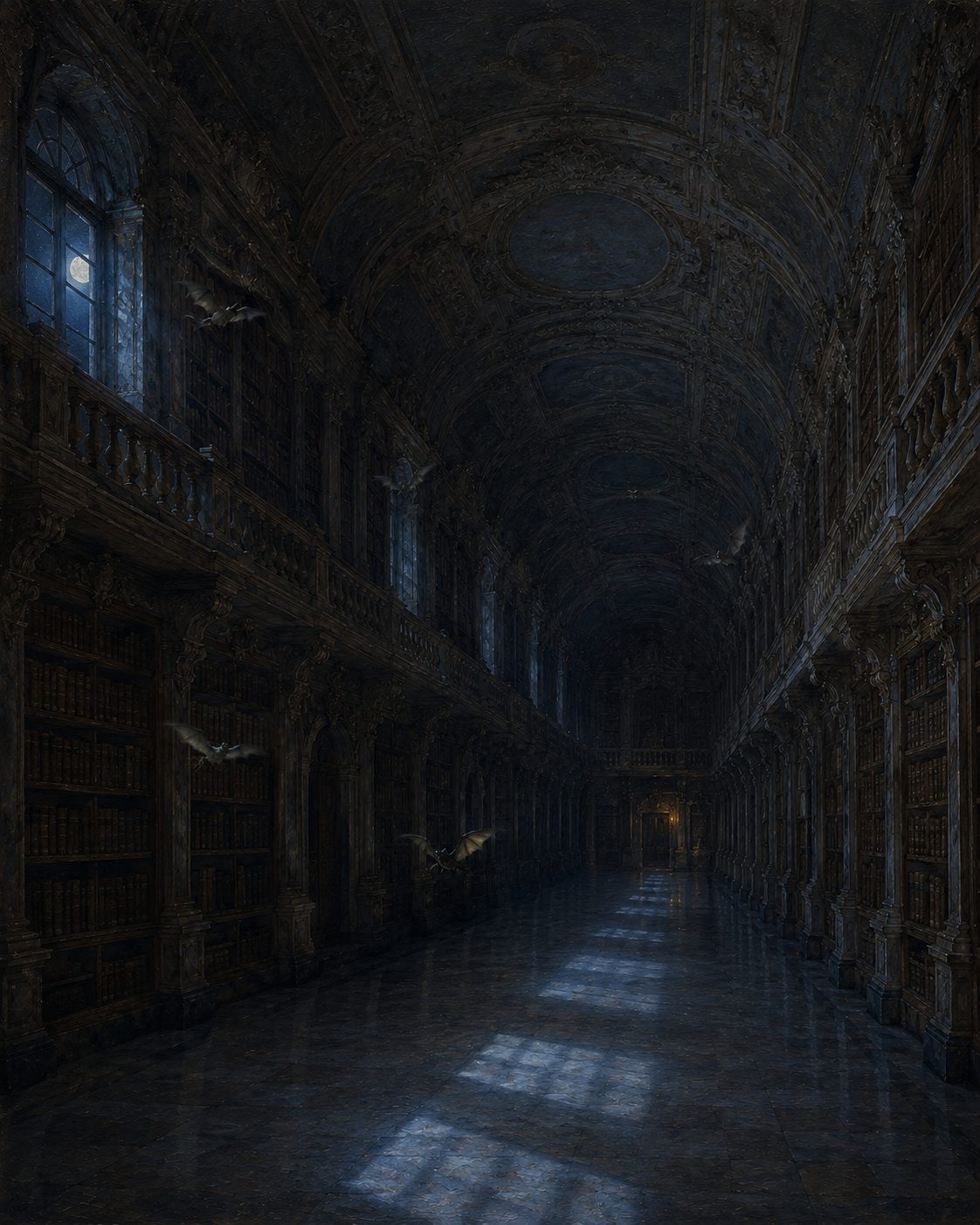 De noite, com a biblioteca fechada, os pequenos morcegos caçam os insetos que comem os livros.