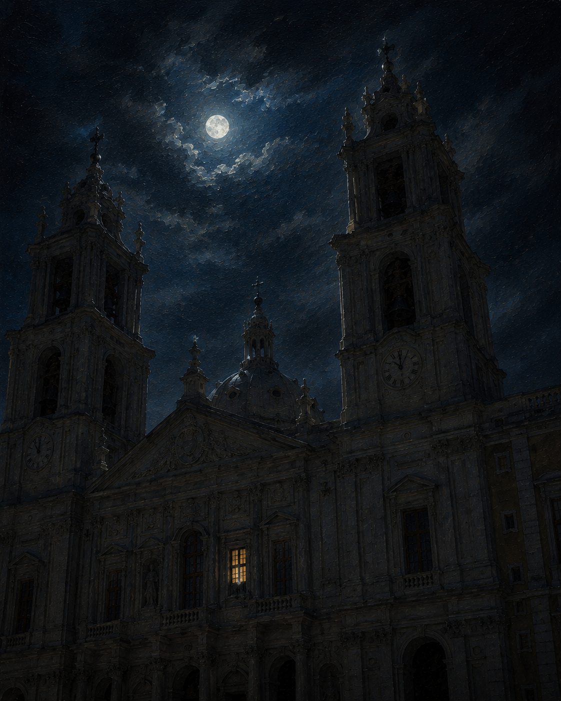 As torres de Mafra ao luar. Um lugar imenso e escuro a que a imaginação pediu um monstro.