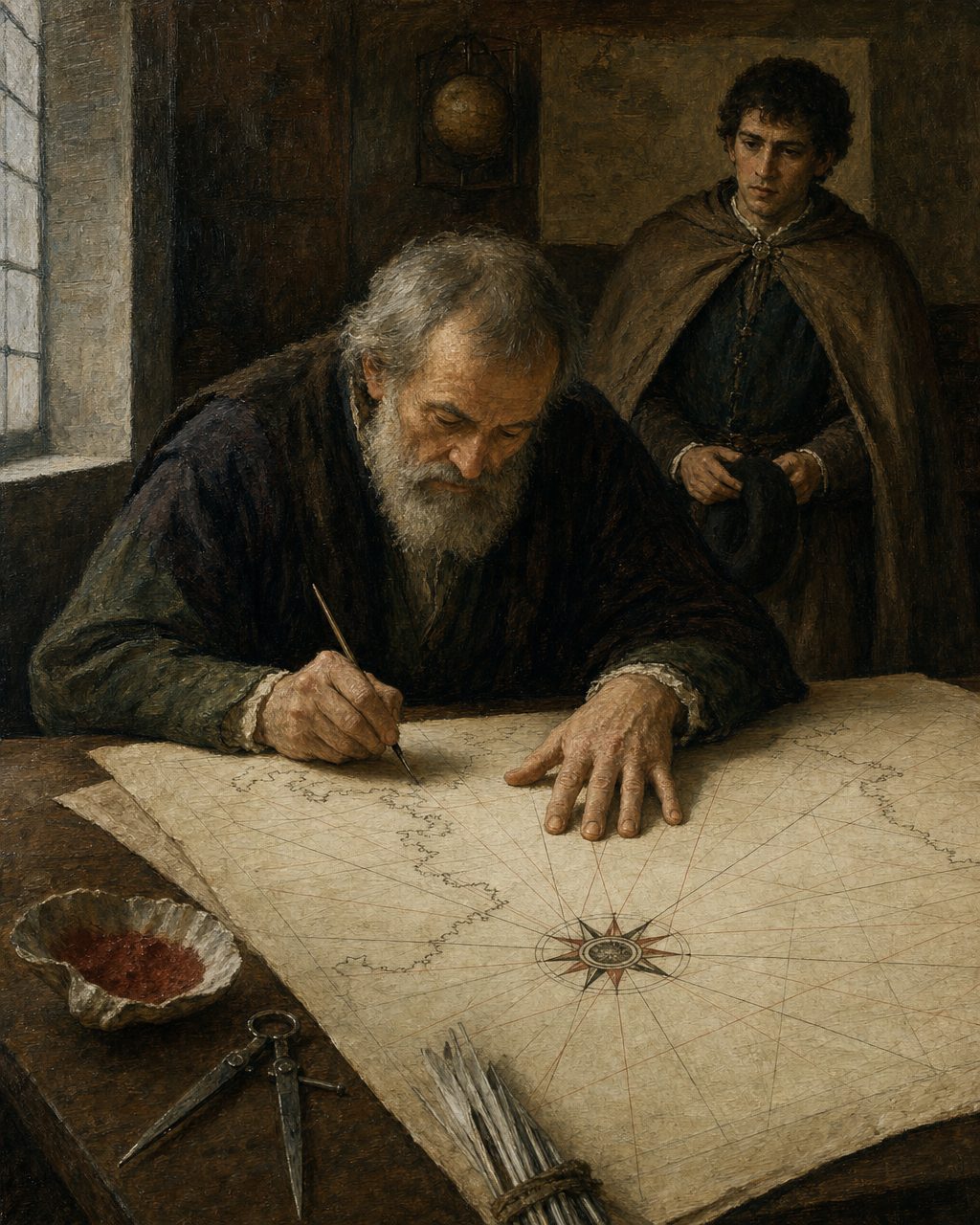 Evocação pintada do que a carta de Sebastião Álvares descreve: o cartógrafo Pedro Reinel a acabar, em Sevilha, a carta que o filho Jorge deixara por acabar. Figuras genéricas; a carta representada não reproduz nenhum original.