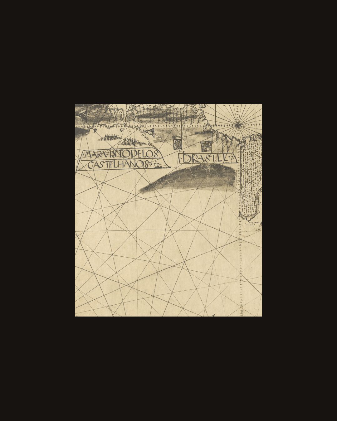 O planisfério conhecido como Kunstmann IV, no fac-símile publicado por Stevenson em 1906. À esquerda, a cartela «MAR VISTO DE LOS CASTELHANOS». Domínio público.
