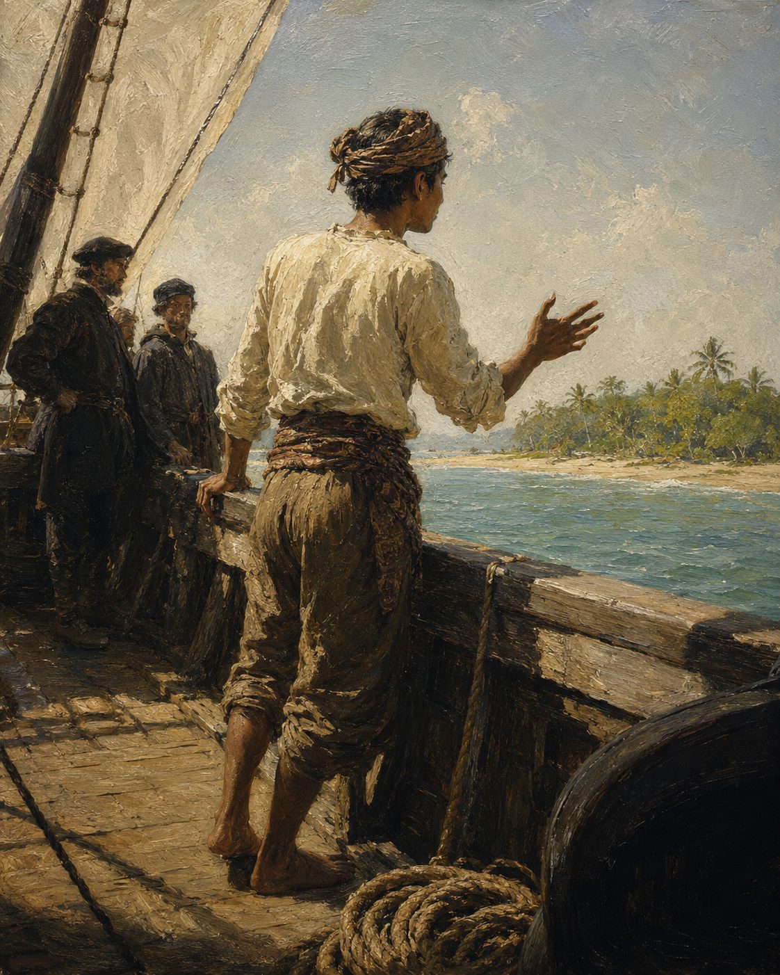 Evocação pintada de Henrique, escravo de Magalhães e intérprete da armada. As duas fontes de primeira mão divergem sobre de onde era, e não há retrato dele. Figura genérica.