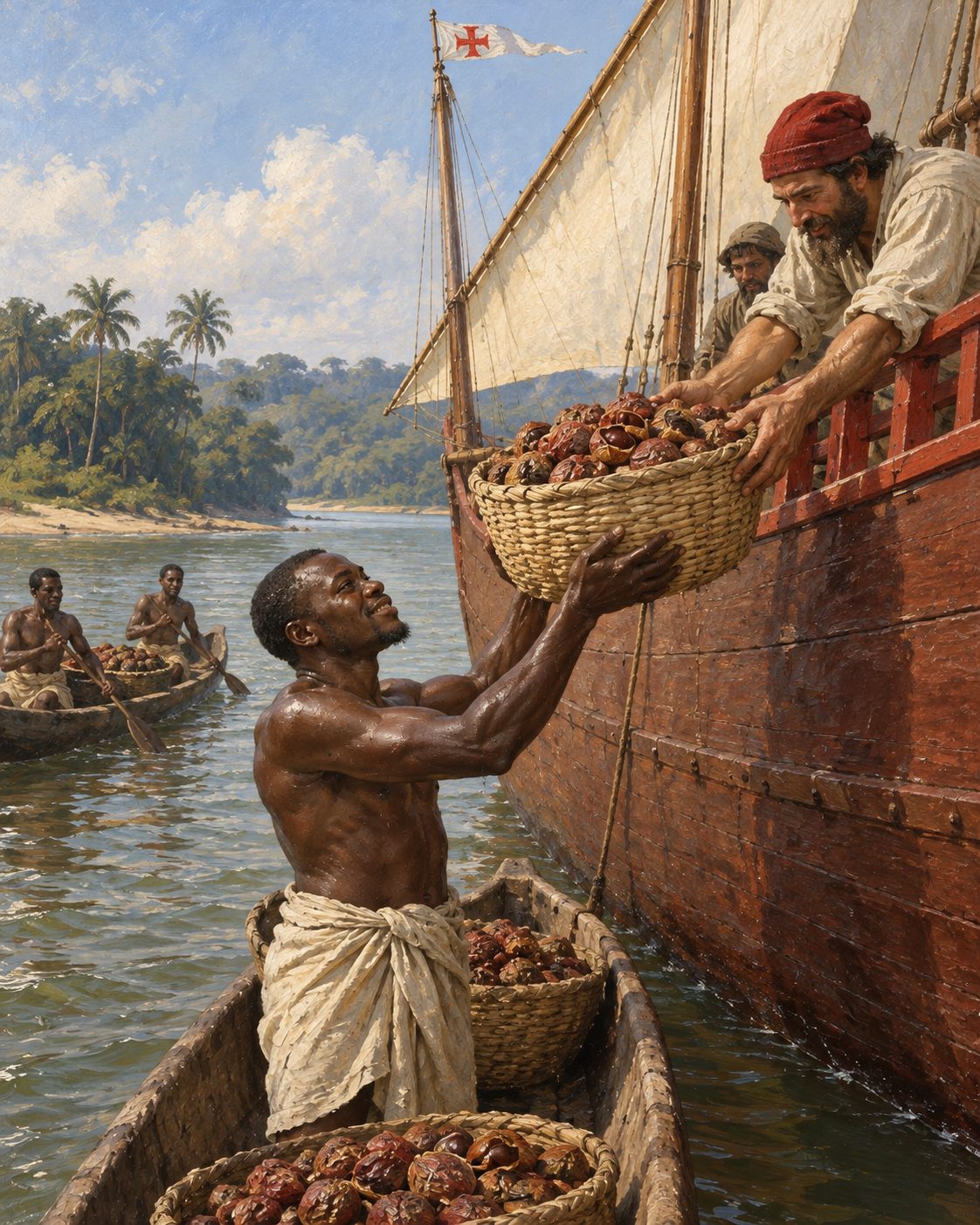 Pintura de homens da costa da atual Libéria a trazer malagueta em cestos, das suas almadias, a uma caravela portuguesa, como o Esmeraldo conta do rio dos Cestos (figuras genéricas, não retratos).