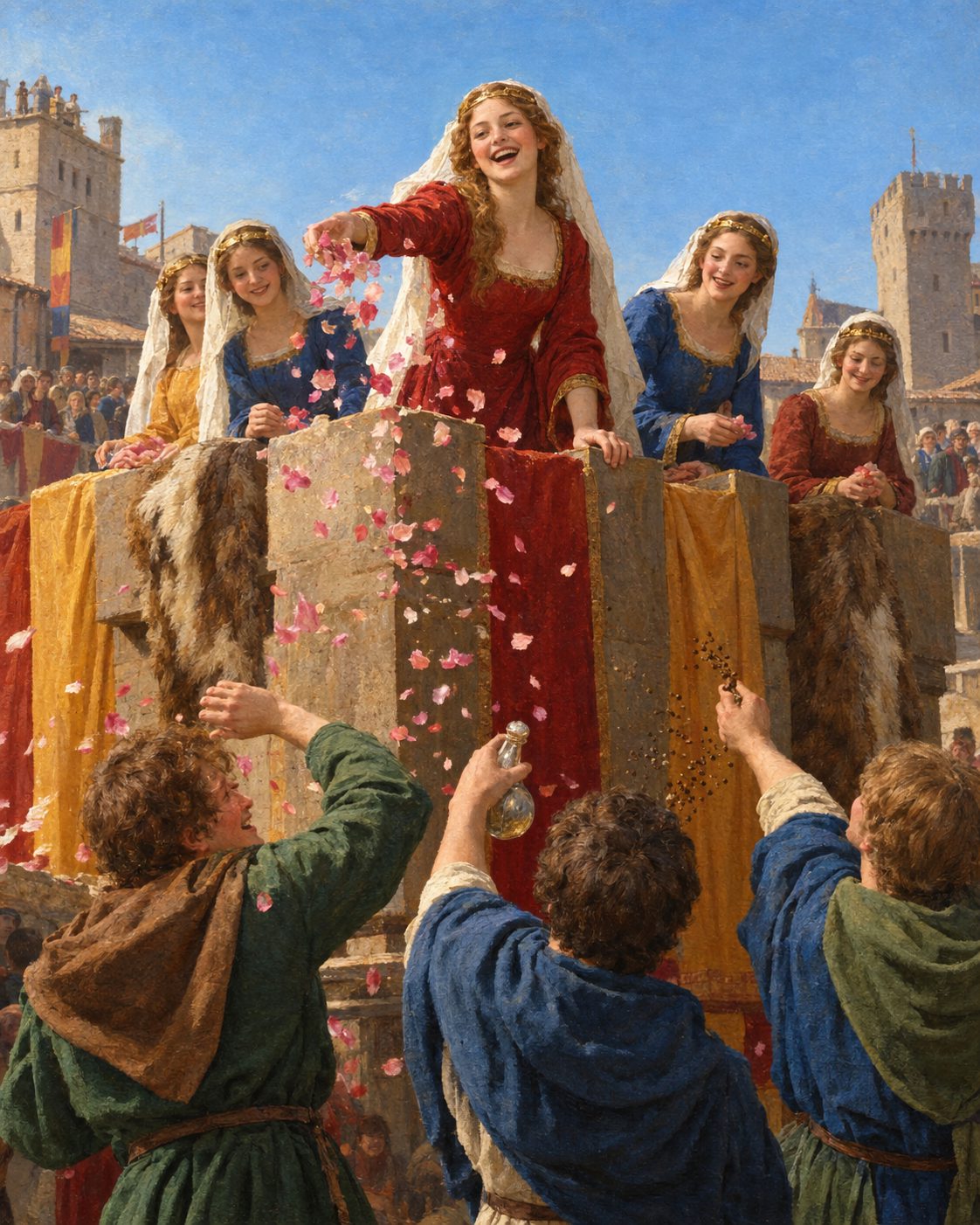 Evocação pintada da festa de Treviso de 1214: um castelo fingido, defendido por damas, assaltado por cavaleiros armados de flores, águas de cheiro e especiarias (figuras genéricas, não retratos).