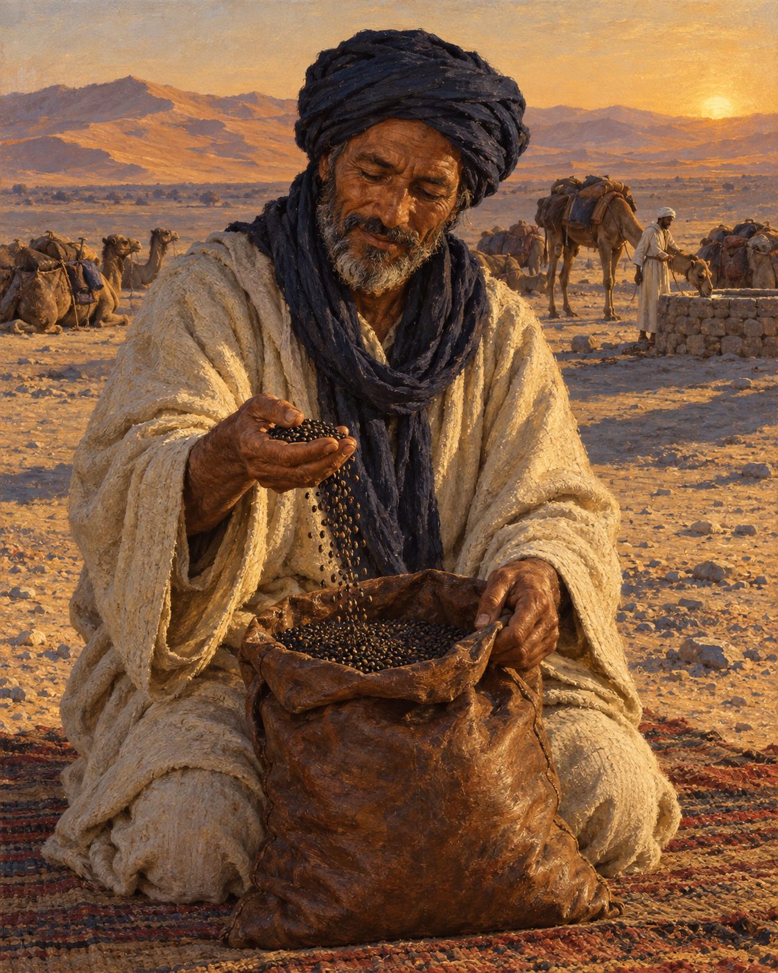 Pintura de uma caravana de mercadores no Saara com sacos de malagueta, o caminho por onde o grão chegava a Itália antes das caravelas (evocação; figuras genéricas, não retratos).