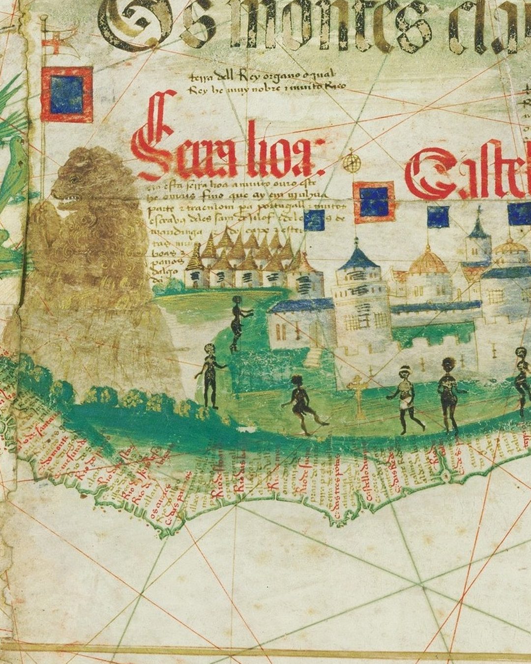 A costa ocidental de África no planisfério português de 1502, dito de Cantino: à esquerda a Serra Leoa com o seu leão, à direita o castelo da Mina e, entre os dois, a costa onde se resgatava a malagueta, com os nomes dos lugares escritos a vermelho (Biblioteca Estense Universitaria, Módena; Wikimedia Commons, domínio público).