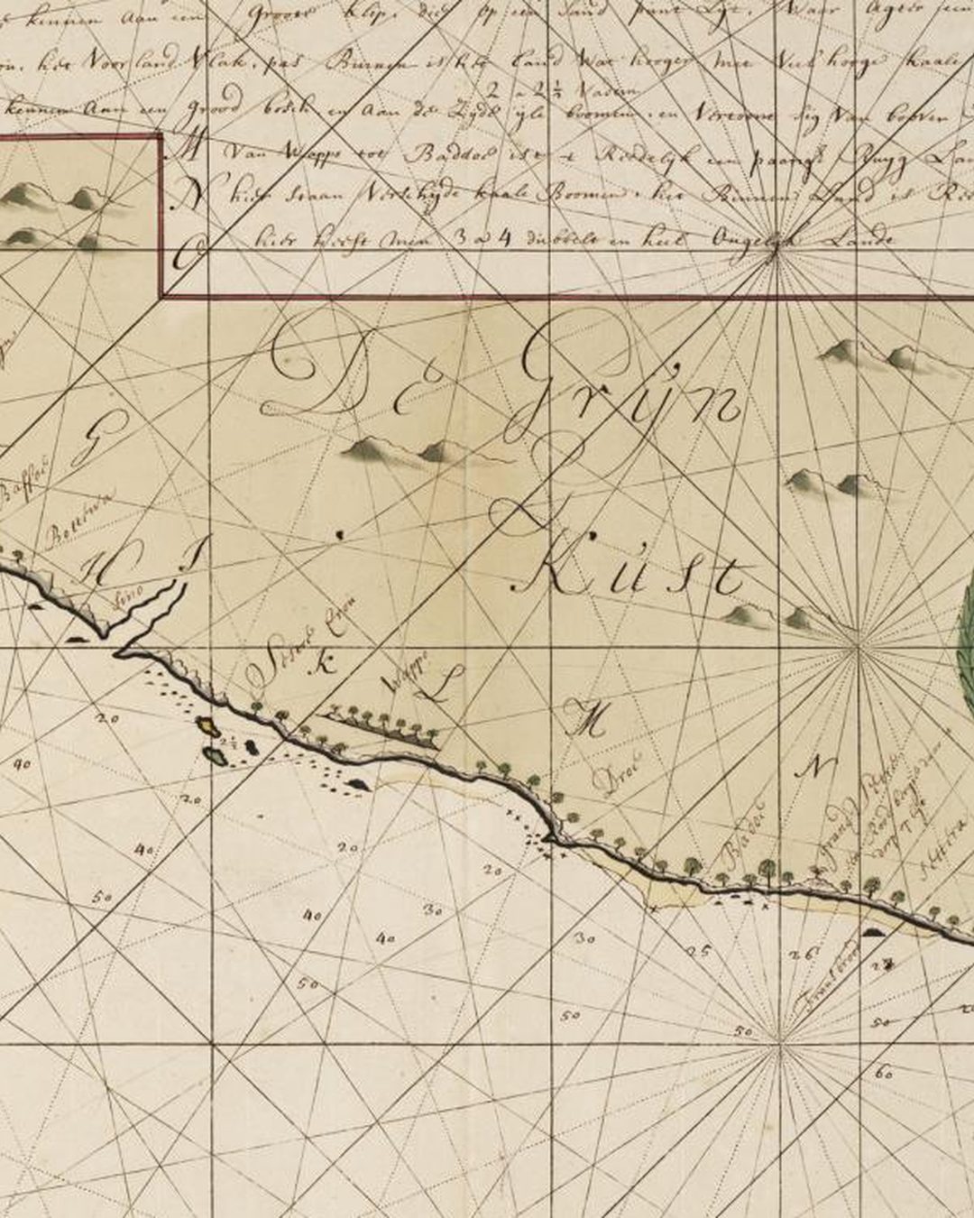 Carta holandesa de Gerard van Keulen, Amesterdão, 1716: sobre a costa, em letras grandes, «De Greyn Kust», a Costa do Grão, o nome português traduzido (Nationaal Archief; Wikimedia Commons, domínio público).