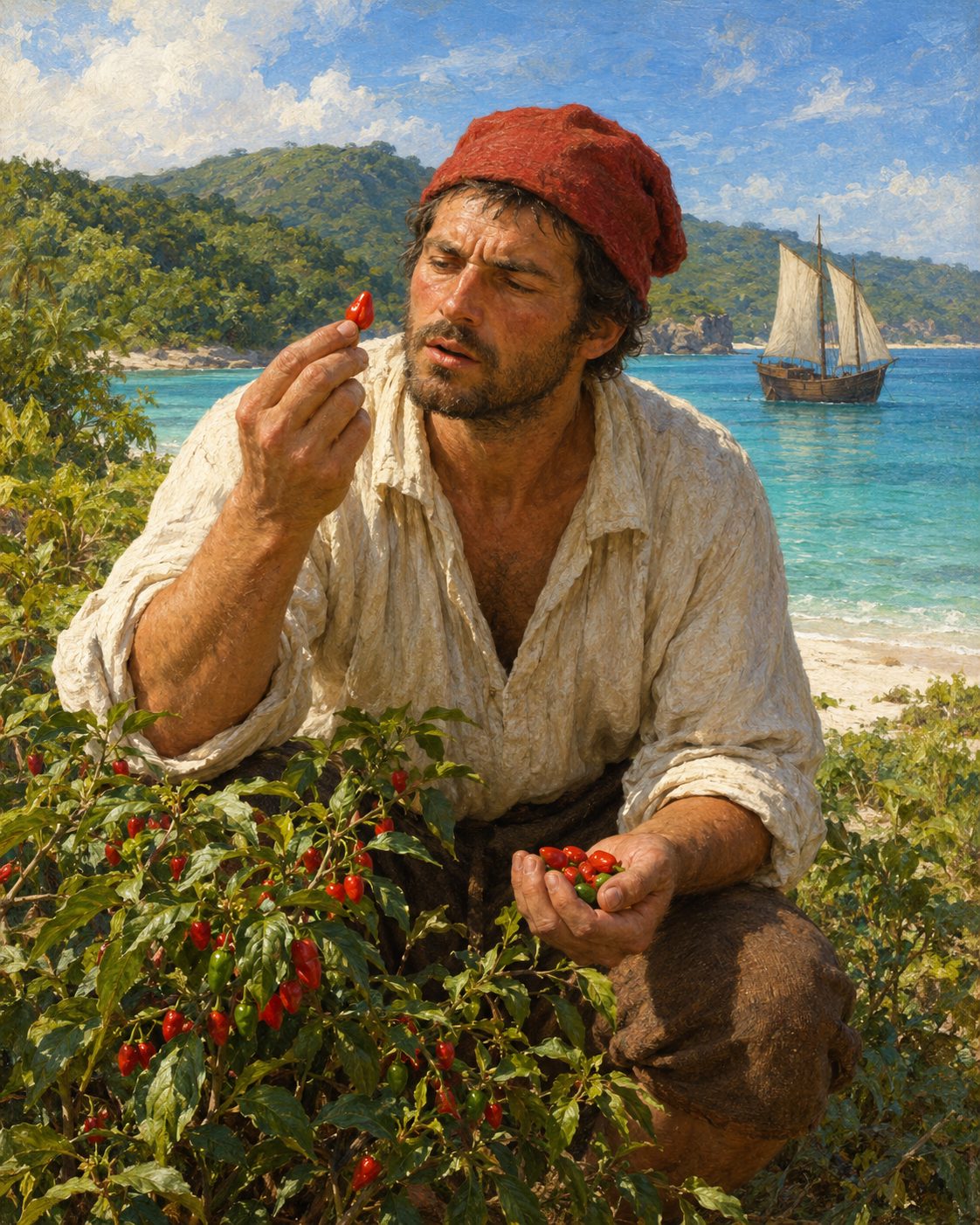 Pintura de um marinheiro europeu a colher ají, a pimenta daquelas ilhas, numa praia das Antilhas, em 1493 (evocação; figura genérica, não retrato).