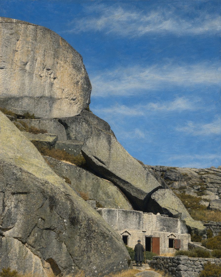 A construção encaixa-se na base de um bloco de granito colossal, e a talisca, a fenda no maciço, abre-se logo acima dela. Pintura a partir de fotografia real do local, de Dulundum (Wikimedia Commons, CC BY-SA 4.0).