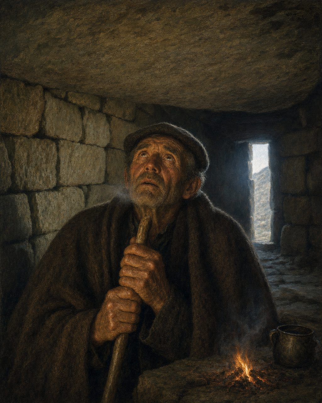 Durante muitos anos a construção serviu de abrigo a pastores e rebanhos, como aquele vale já fazia desde tempos idos. Pintura. evocação, não registo.