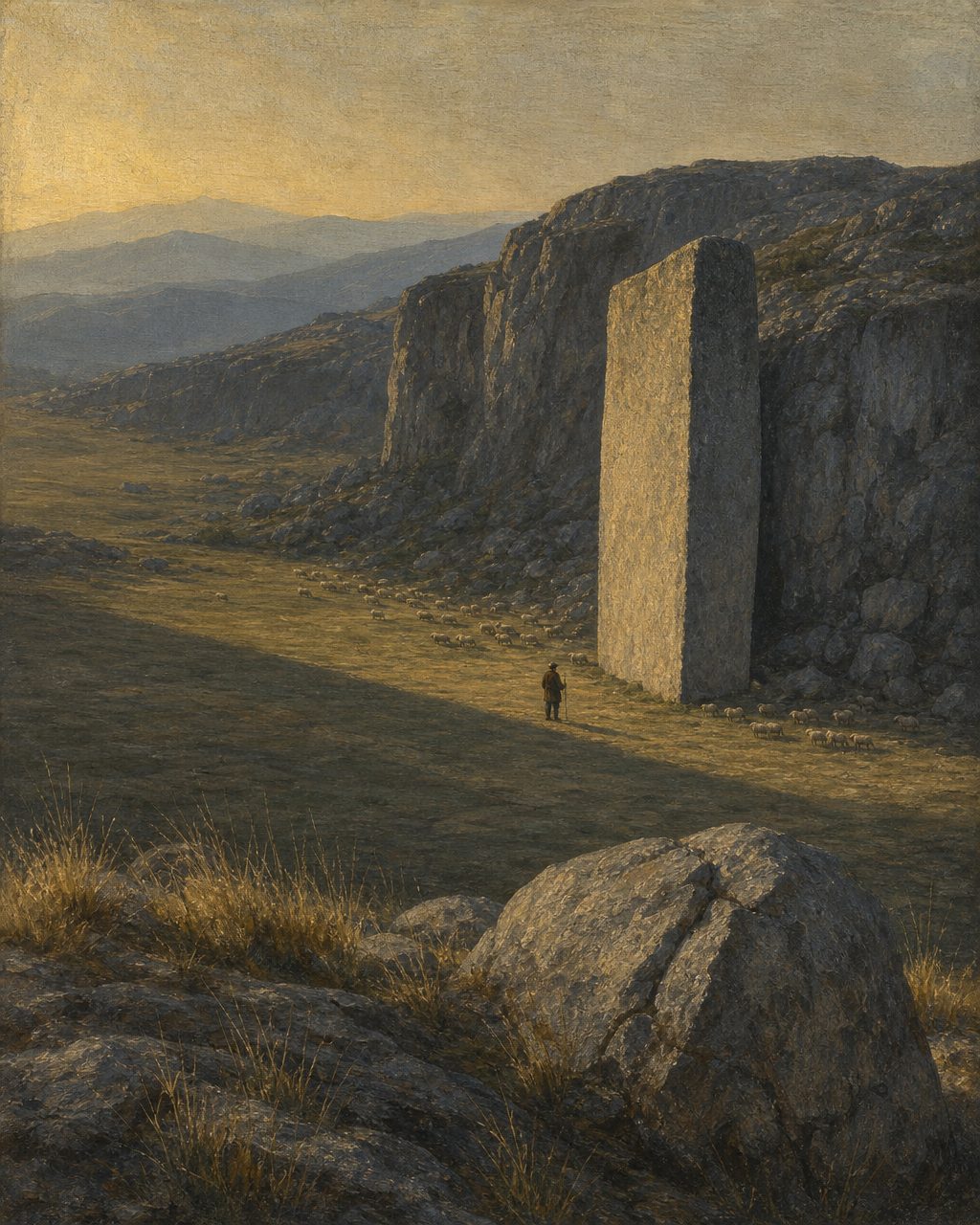 Segundo o registo da autarquia, a laje esteve primeiro ao alto, de pé e visível a quilómetros de distância; só mais tarde foi deitada. Pintura. evocação, não registo.