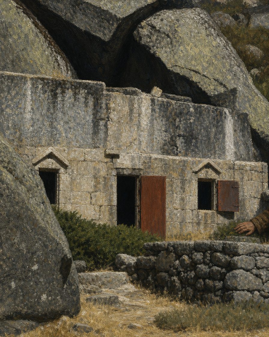 Sobre a porta está gravado, e ainda hoje se lê, «Dr. J. Matos, Barca Hirminius, 1910»; nesta pintura a inscrição não é legível, porque as palavras exatas vivem aqui, na legenda. Pintura a partir de fotografia real do local, de Dulundum (Wikimedia Commons, CC BY-SA 4.0).