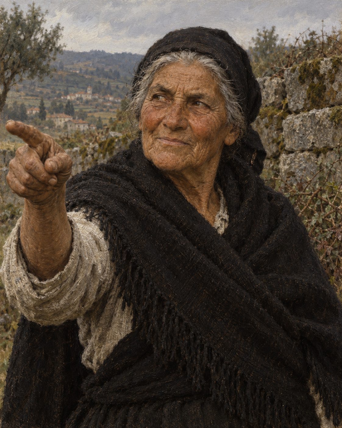 Pintura de uma velha camponesa do vale do Tâmega, no século XIX, a apontar para o campo (figura genérica, não retrato).