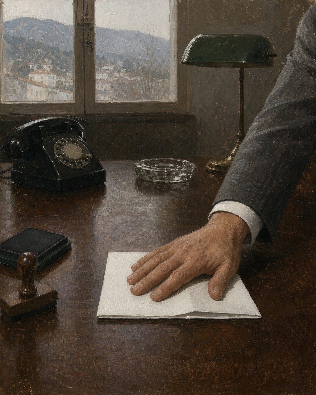 Pintura de uma secretária de câmara municipal em 1979, com um pedido dobrado por abrir.