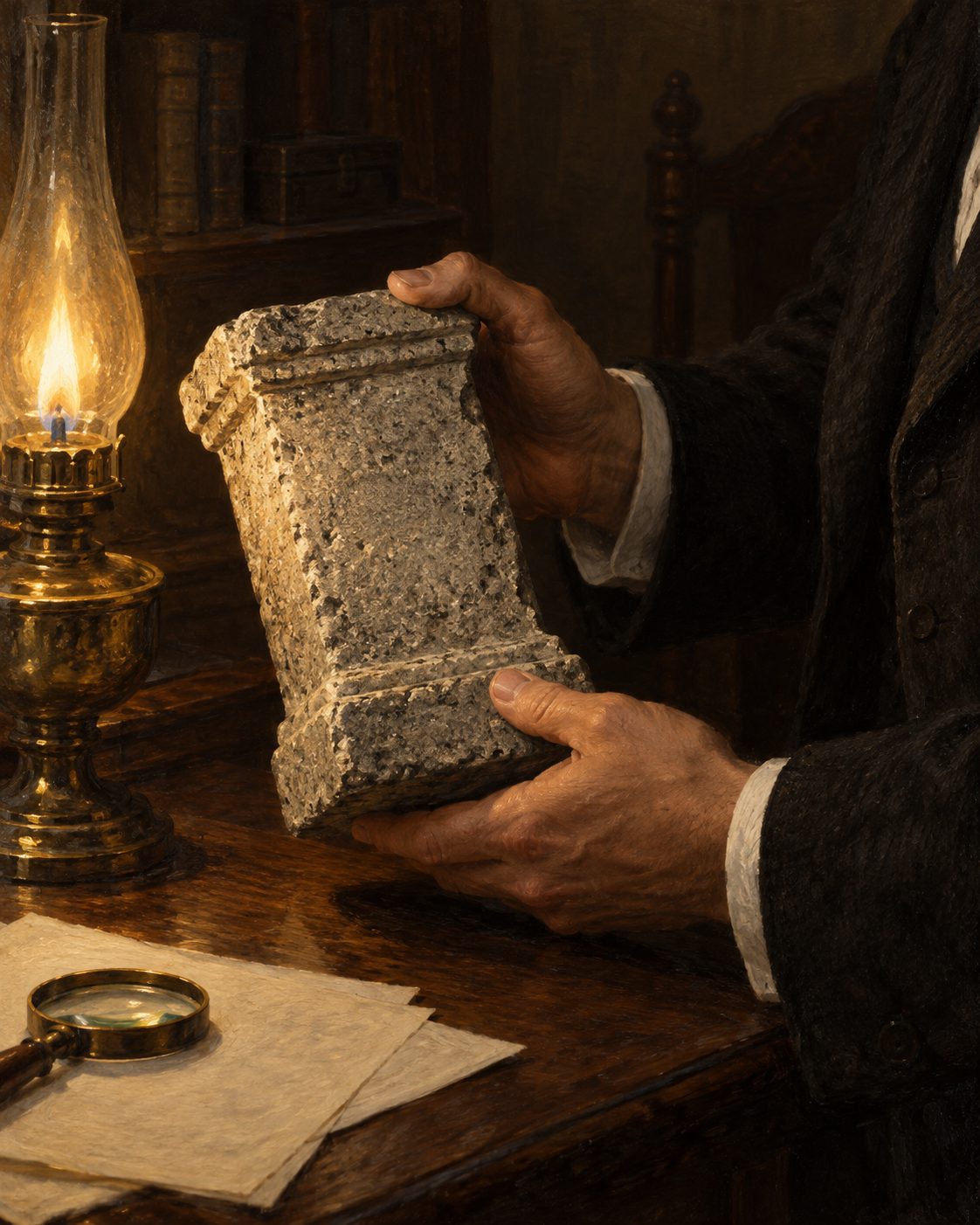Pintura de umas mãos a voltar para a luz de um candeeiro uma pequena ara de granito gasta.