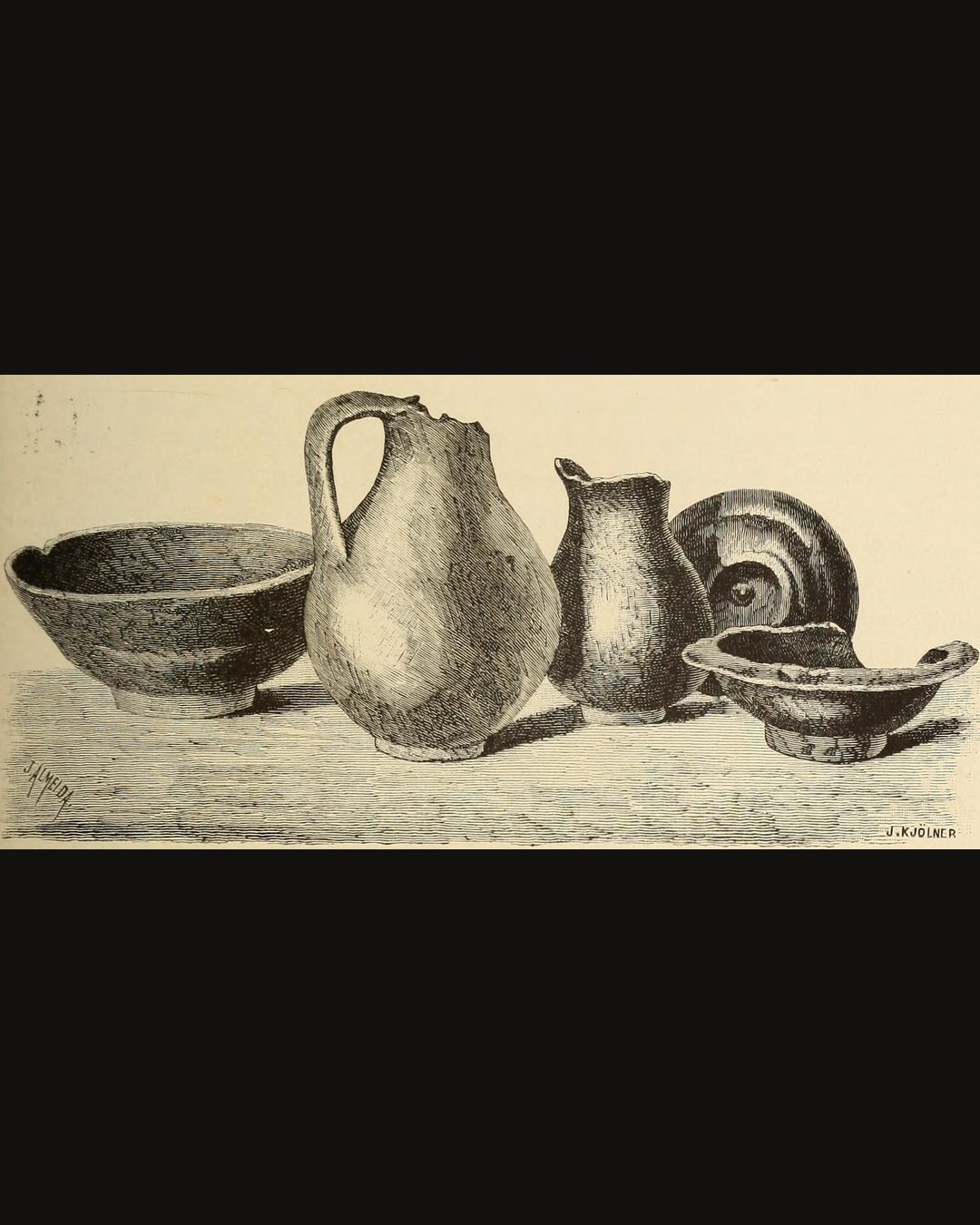 Cerâmica romana encontrada no Freixo, desenhada do natural por João de Almeida para O Minho Pittoresco (1886). Domínio público.