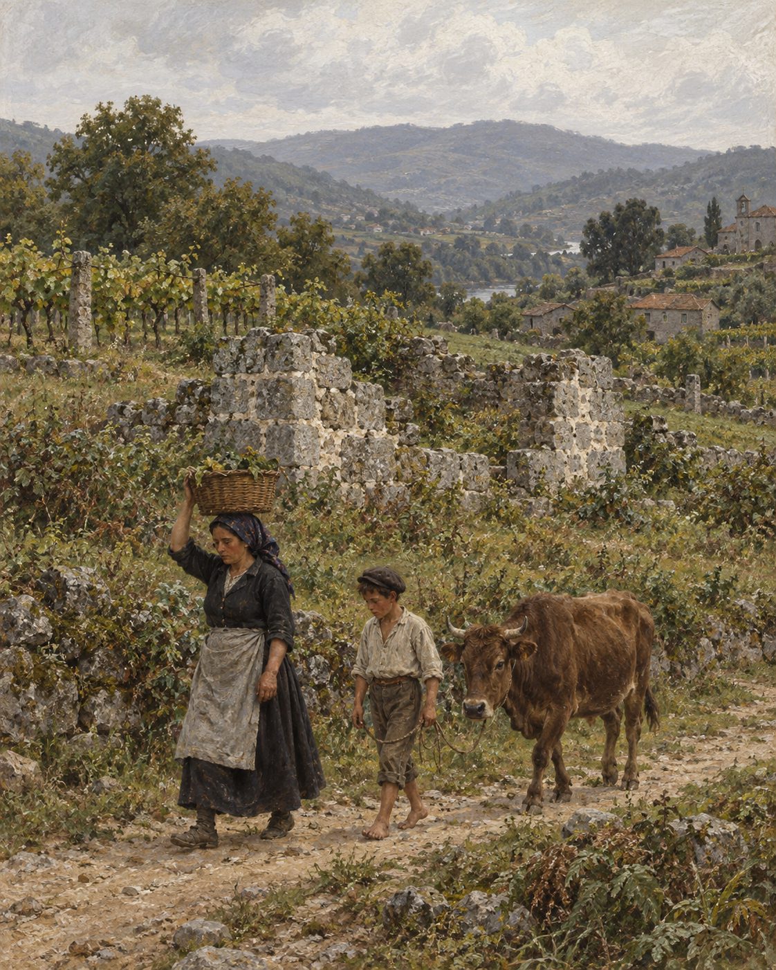 Pintura de restos de muros romanos num campo do Freixo, no século XIX, com uma camponesa e um rapaz a passar.