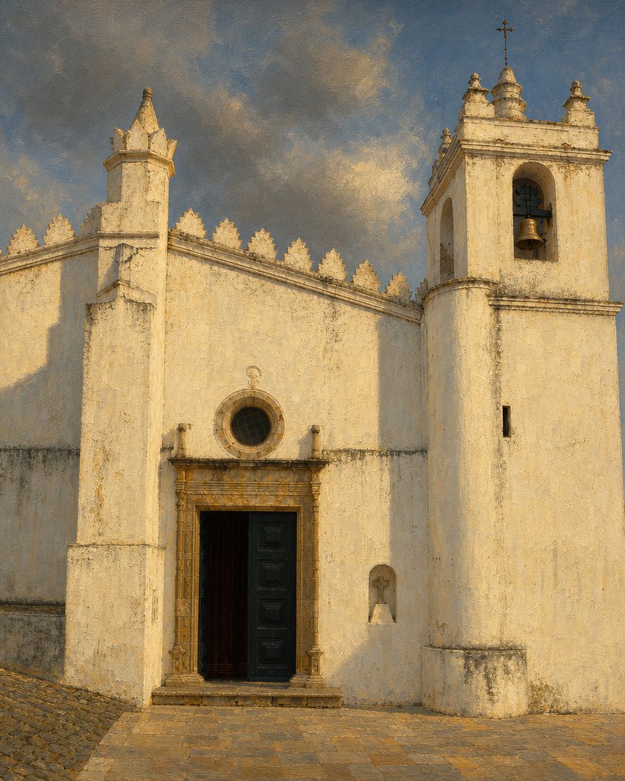 A Igreja Matriz de Mértola: por fora, uma igreja alentejana com merlões mouriscos no beiral. É a única mesquita medieval que sobrevive de pé em Portugal. Pintura a partir de uma fotografia real do local — foto de referência de Concierge.2C (CC BY-SA 3.0, via Wikimedia Commons, creativecommons.org/licenses/by-sa/3.0/). Pintura derivada partilhada sob CC BY-SA 3.0.