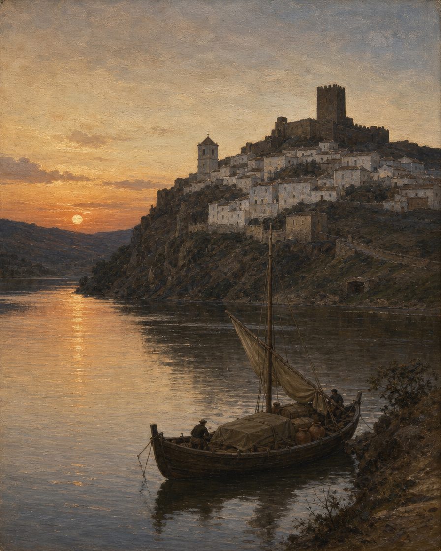 Mértola, no cimo da colina, vista do rio: o ponto mais distante do mar até onde o Guadiana ainda é navegável, e por isso um porto que ligava o interior do Alentejo ao Mediterrâneo. Pintura.