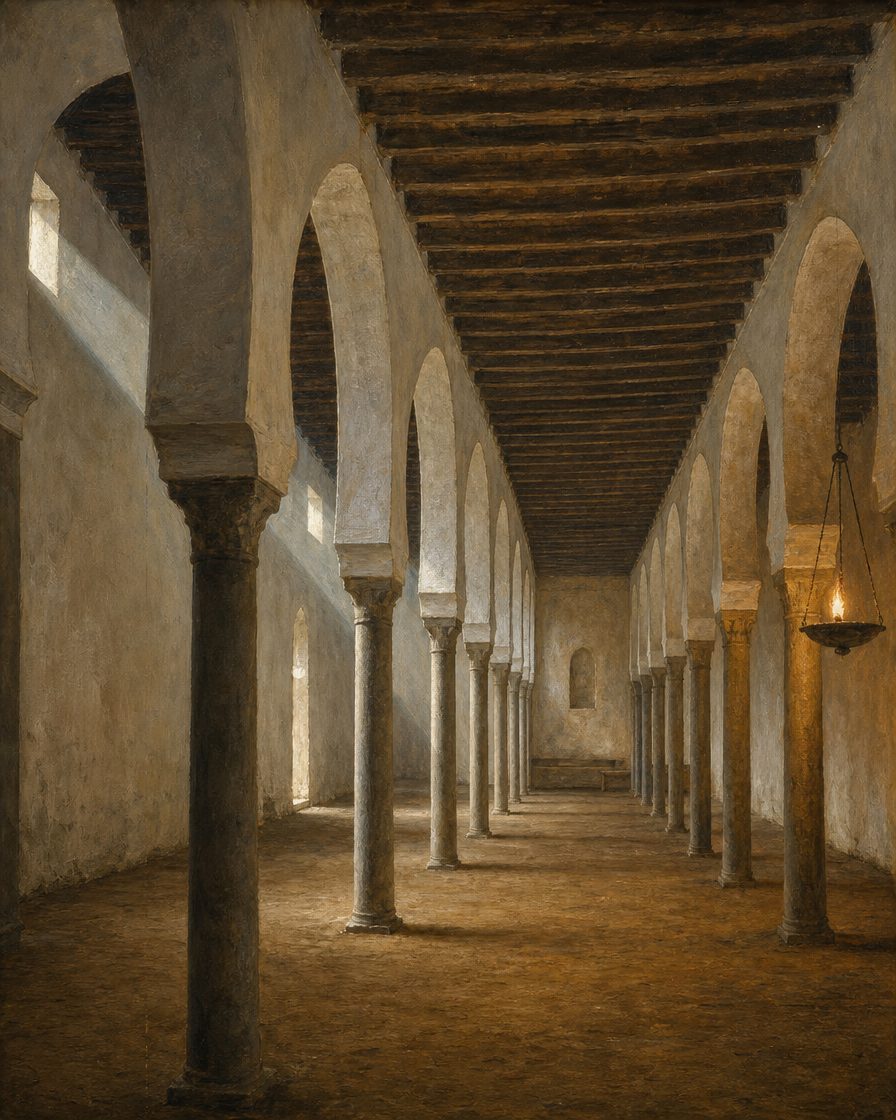 O interior da mesquita almóada de Mértola, erguida na segunda metade do século XII: seis tramos sobre vinte colunas, tecto de madeira, sem ornamento invencionado. Pintura.