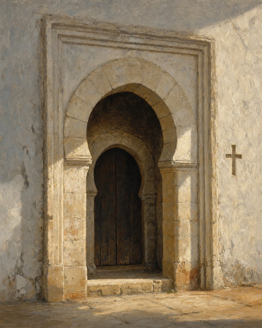 Uma das portas em arco de ferradura da antiga mesquita, mantida quando o edifício foi convertido em igreja depois da Reconquista de 1238. A Ordem de Santiago não a deitou abaixo. Pintura.