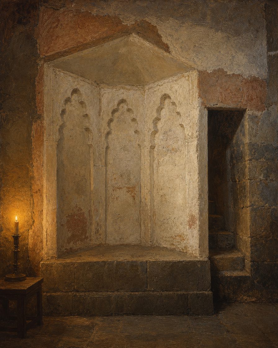 O nicho que apontava para Meca, de planta pentagonal sobre base de granito, com os três arcos polilobados em gesso descritos pelos arqueólogos. Foi coberto com reboco em 1532 e só reexposto entre 2003 e 2004. Pintura a partir da descrição arqueológica documentada (não existe fotografia disponível do mirabe). Não é uma fotografia nem uma reconstituição fiel de pormenor, apenas da forma documentada.