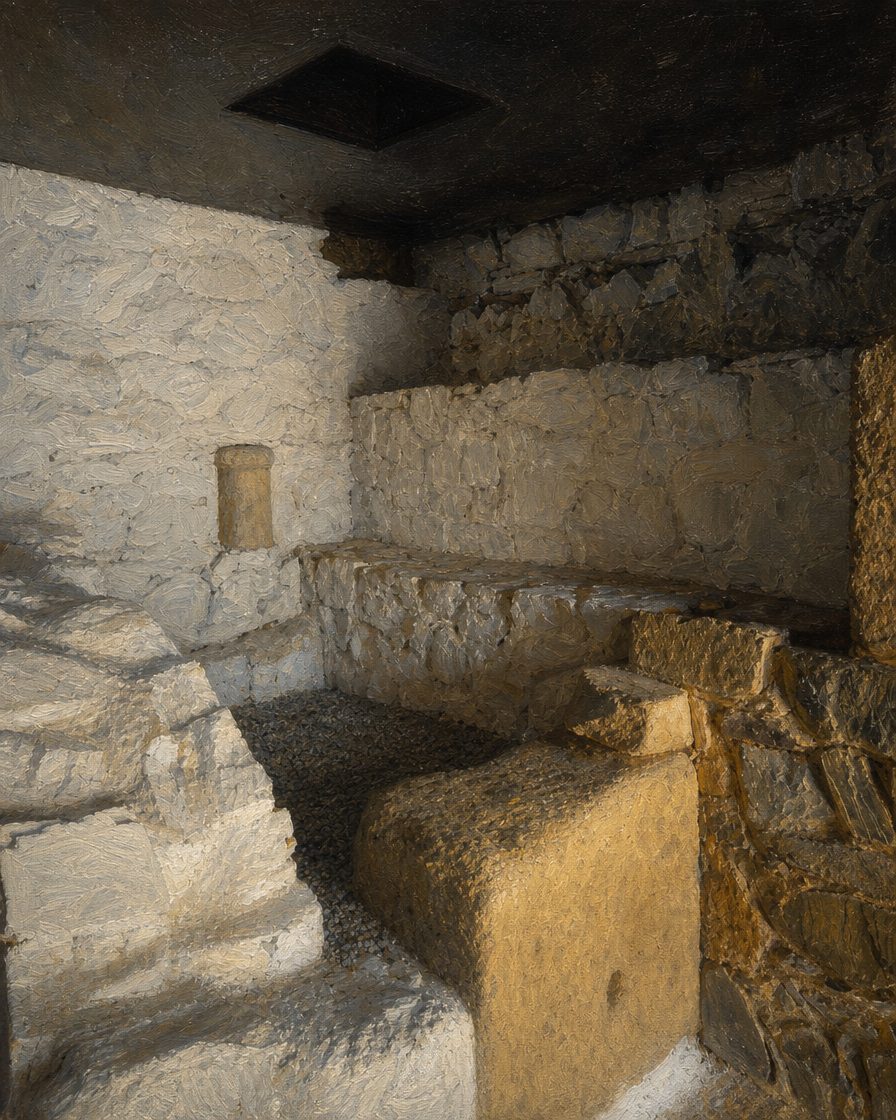A cave da antiga sacristia, hoje núcleo museológico aberto em 2016: o chão escavado entre 2003 e 2004 pelo Campo Arqueológico de Mértola, fundado por Cláudio Torres em 1978. Pintura a partir de uma fotografia real do local — foto de referência de Hugo Ferreira (CC BY-SA 4.0, via Wikimedia Commons, creativecommons.org/licenses/by-sa/4.0/). Pintura derivada partilhada sob CC BY-SA 4.0.