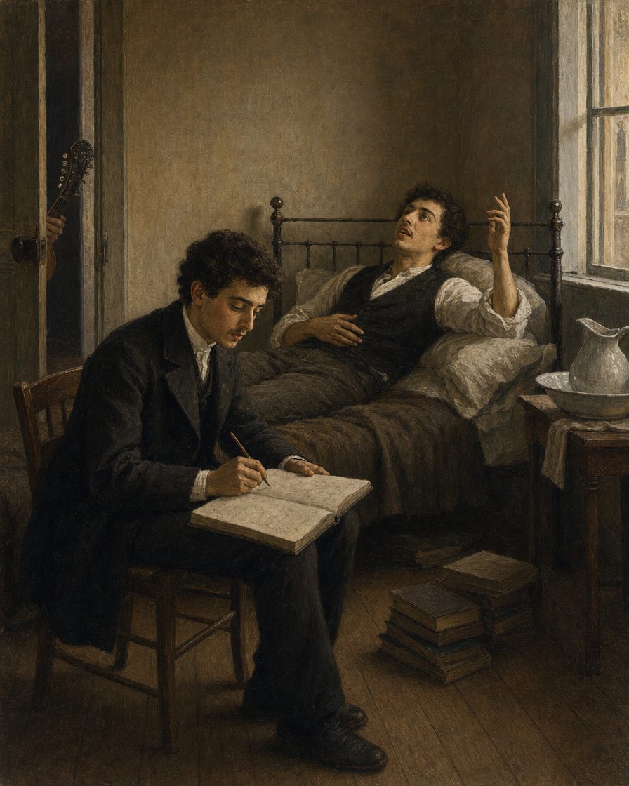 O domingo à tarde de 1882 que Vasconcelos nunca esqueceu: Branco de Castro, reclinado na cama do seu quarto de estudante, recita vocábulos da sua língua; o caloiro de Medicina aponta tudo, e à porta os colegas, guitarra na mão, param para ouvir. Cena contada pelo próprio Vasconcelos em 1900. Pintura. as figuras são evocações de época, não retratos.