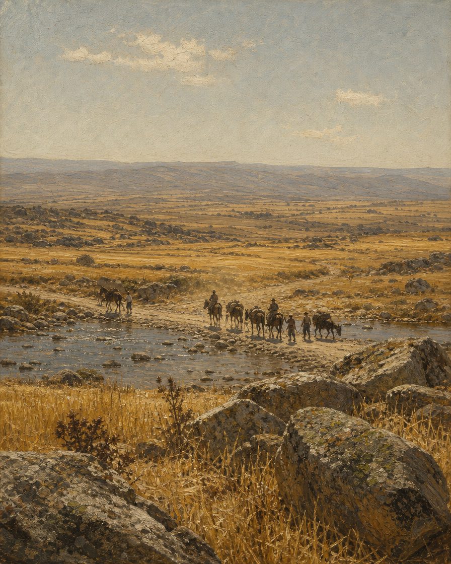 Cinco dias do Porto a Duas Igrejas: comboio até ao Pinhão, diligência até Macedo de Cavaleiros, e o resto em burros, a vau pelos rios do planalto. Evocação pintada da viagem que Vasconcelos descreveu; cena ilustrativa, não registo de um momento documentado.