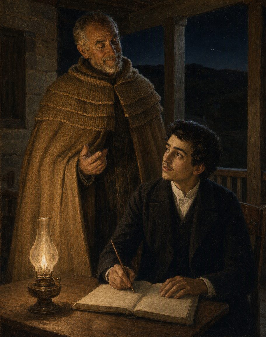 A lição noturna que Vasconcelos contou: um lavrador de Duas Igrejas, embuçado na capa de honras mirandesa, «todo vaidoso e todo contente por me ensinar a sua lhengoa». Pintura. evocação de época, não retrato.