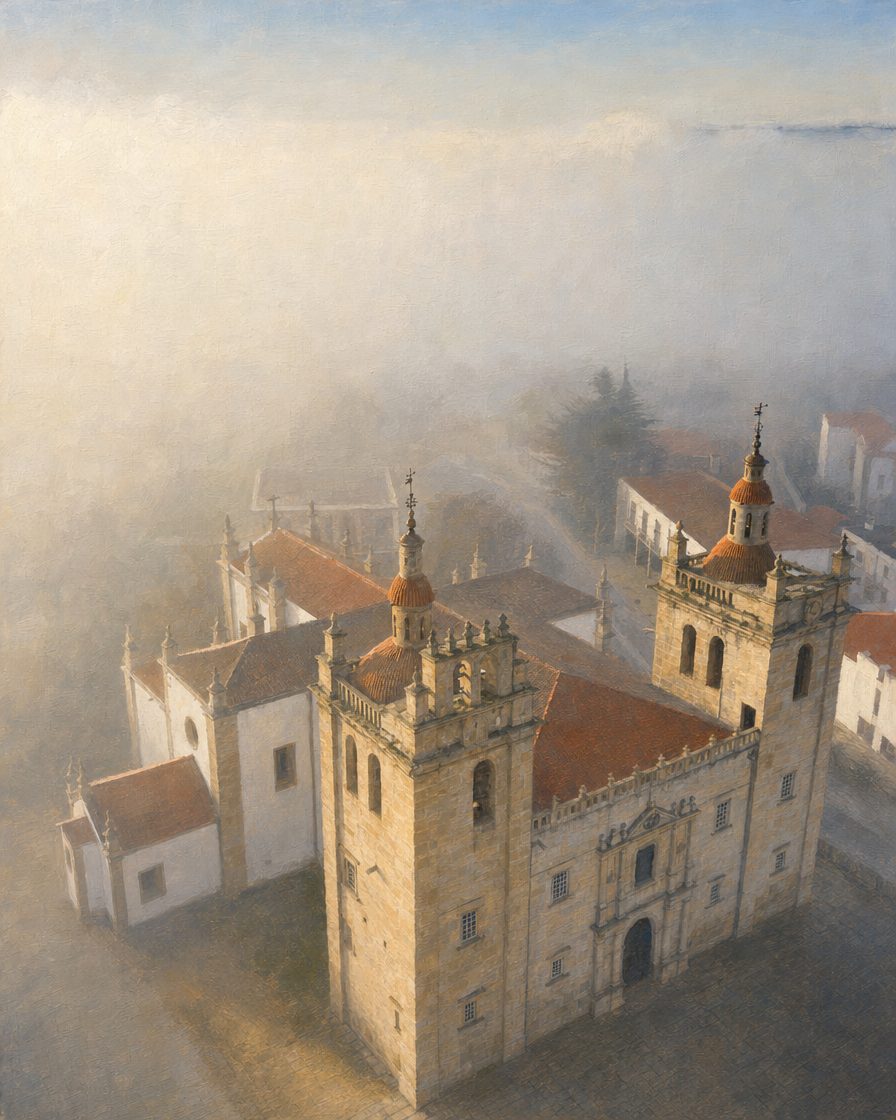 A Concatedral de Miranda do Douro a sair do nevoeiro da manhã, sobre o planalto onde o mirandês se falou séculos sem ser escrito. Pintura a partir de uma fotografia real de Haaiah007 (Wikimedia Commons, CC BY-SA 4.0), arquitetura preservada; os carros da fotografia foram dissolvidos no nevoeiro e a pintura derivada segue a mesma licença.