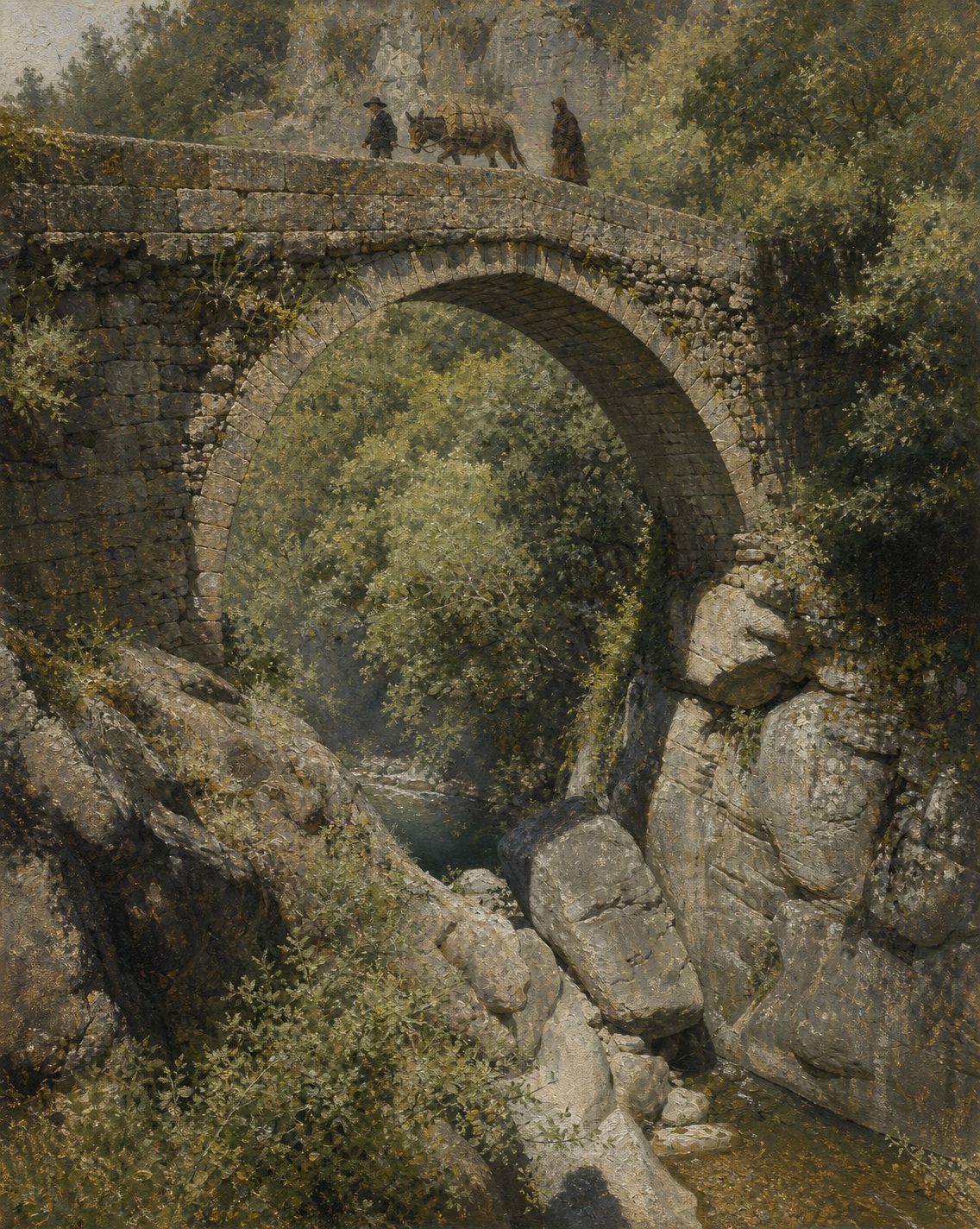 Pintura da Ponte da Misarela, de um só arco sobre o Rabagão, entre os concelhos de Montalegre e Vieira do Minho, a partir de uma fotografia real de Joseolgon (CC BY-SA 4.0) (figuras genéricas, não retratos).