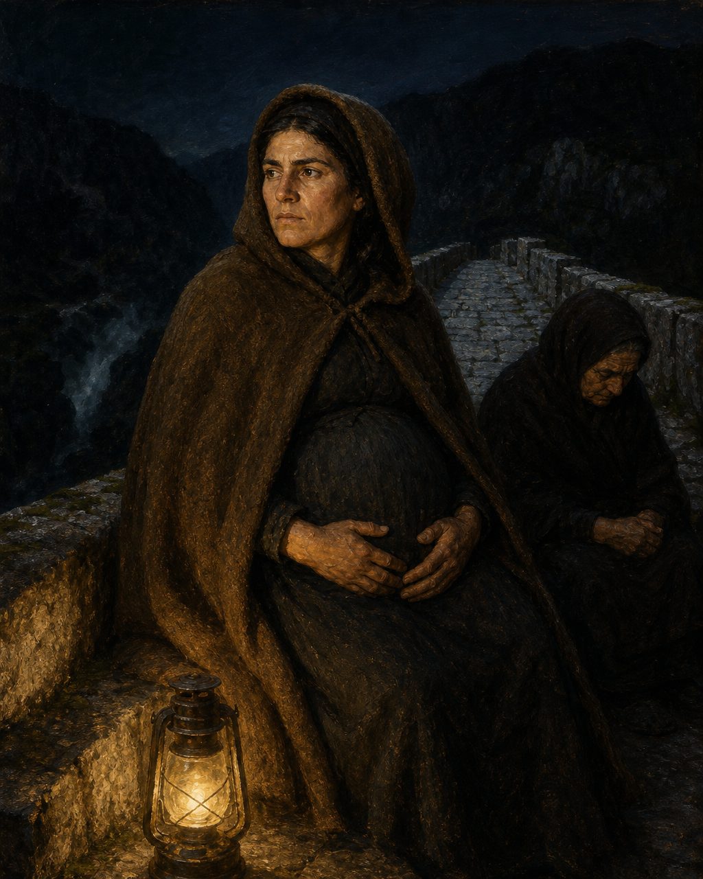 Evocação pintada da espera: a mulher passa a noite à entrada da ponte, em silêncio, com quem a acompanha, à espera do primeiro que passe (figuras genéricas, não retratos).