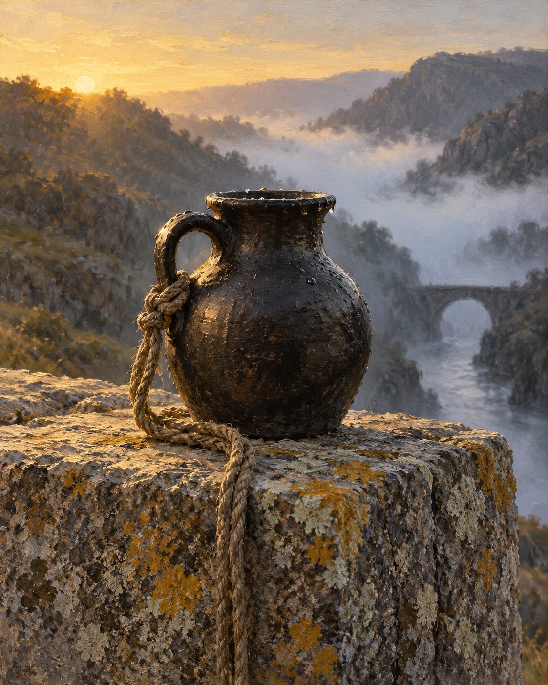 Evocação pintada: um púcaro de barro negro na guarda da ponte, ao amanhecer. A Câmara de Montalegre dá o rito por quase extinto; ainda há quem lá vá.