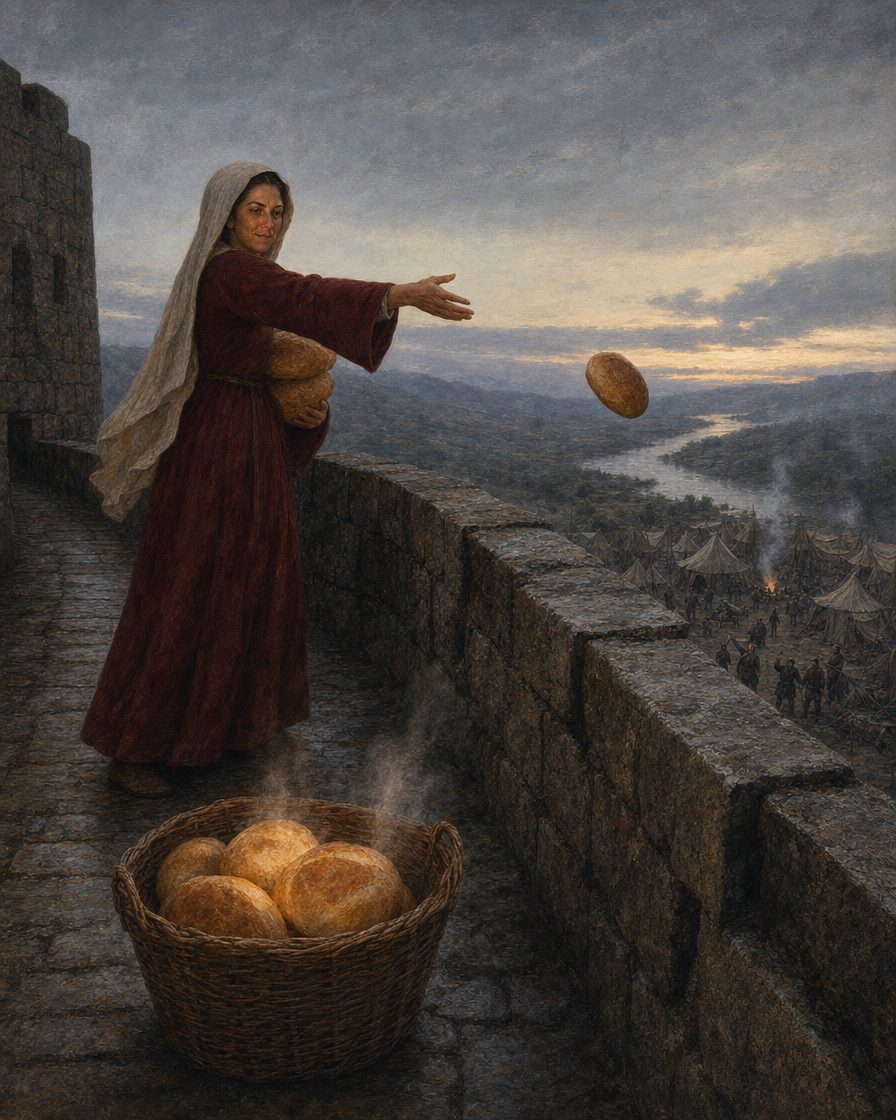 A cena que a tradição conta: Deu-la-Deu Martins no alto da muralha, a atirar os últimos pães da vila, ainda quentes, ao arraial sitiante. Pintura. cena evocada a partir da lenda («conta-se que»), não de documento. Não se conhece retrato dela, e as muralhas medievais são imaginadas: as figuras são evocações, não retratos.