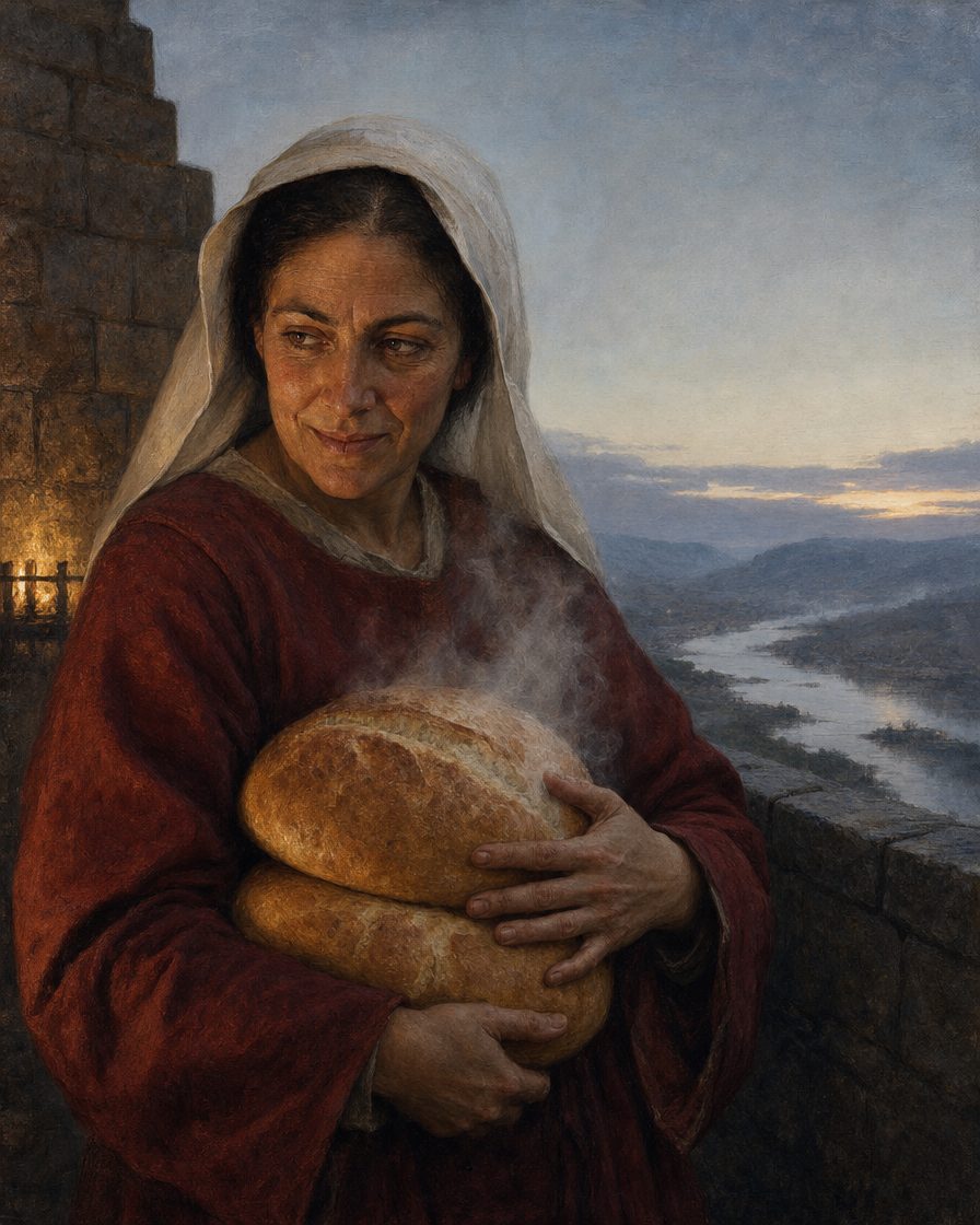 Não se conhece retrato de Deu-la-Deu Martins. Esta é uma evocação pintada da mulher dos dois pães — a figura que Monção pôs no seu brasão. Não é fotografia nem retrato.