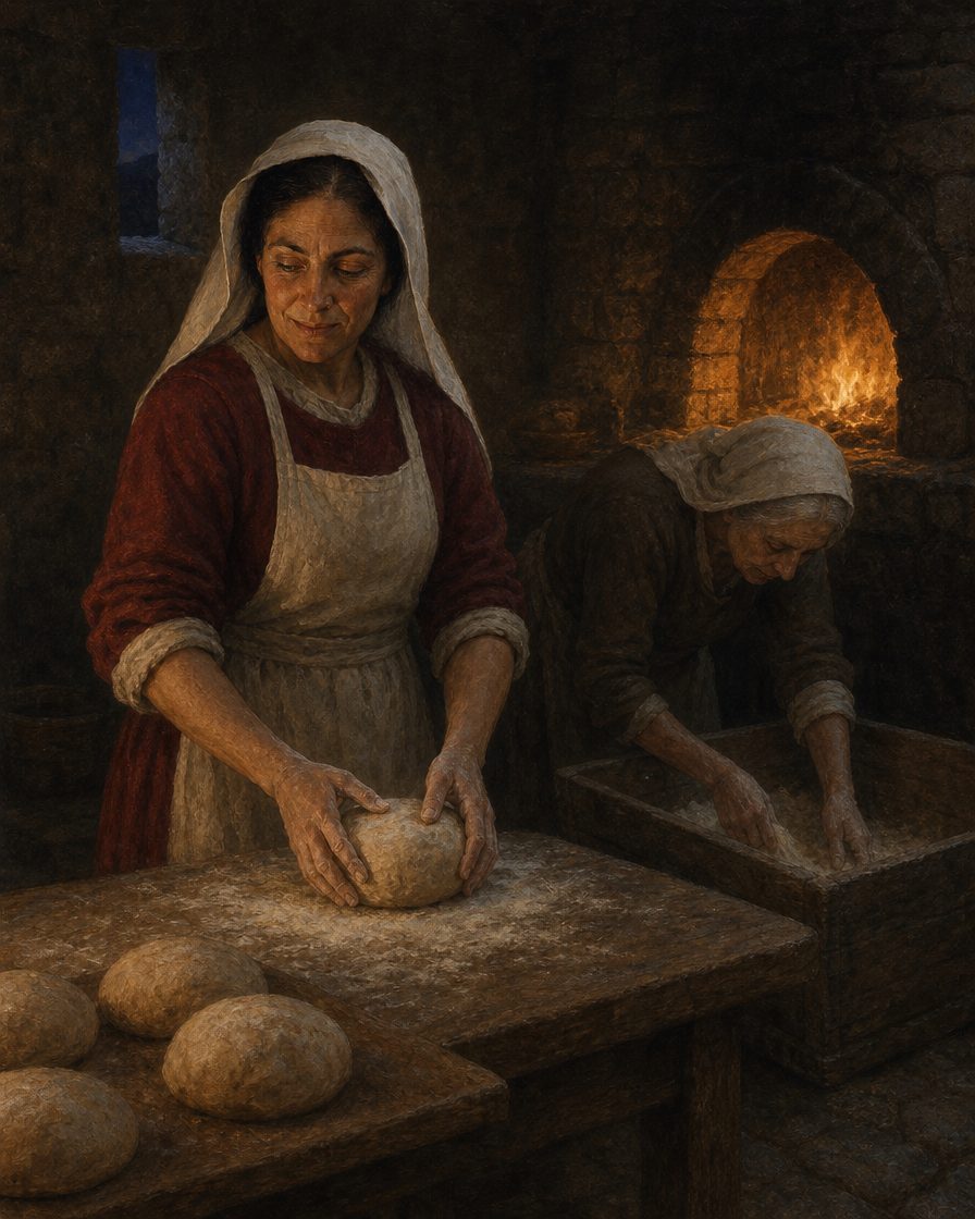 A última farinha da vila a ser cozida, na véspera do gesto que a tradição conta. Pintura. cena imaginada a partir da lenda, não de documento.