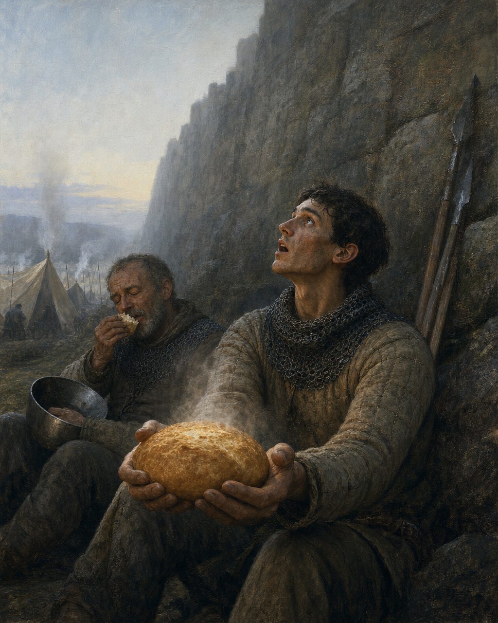 O outro lado da lenda: os sitiantes, com fome, e o pão ainda quente caído do céu. Conta-se que acreditaram na fartura, levantaram o cerco e foram-se embora — nesta guerra de pão não morre ninguém. Pintura. evocação, não registo.