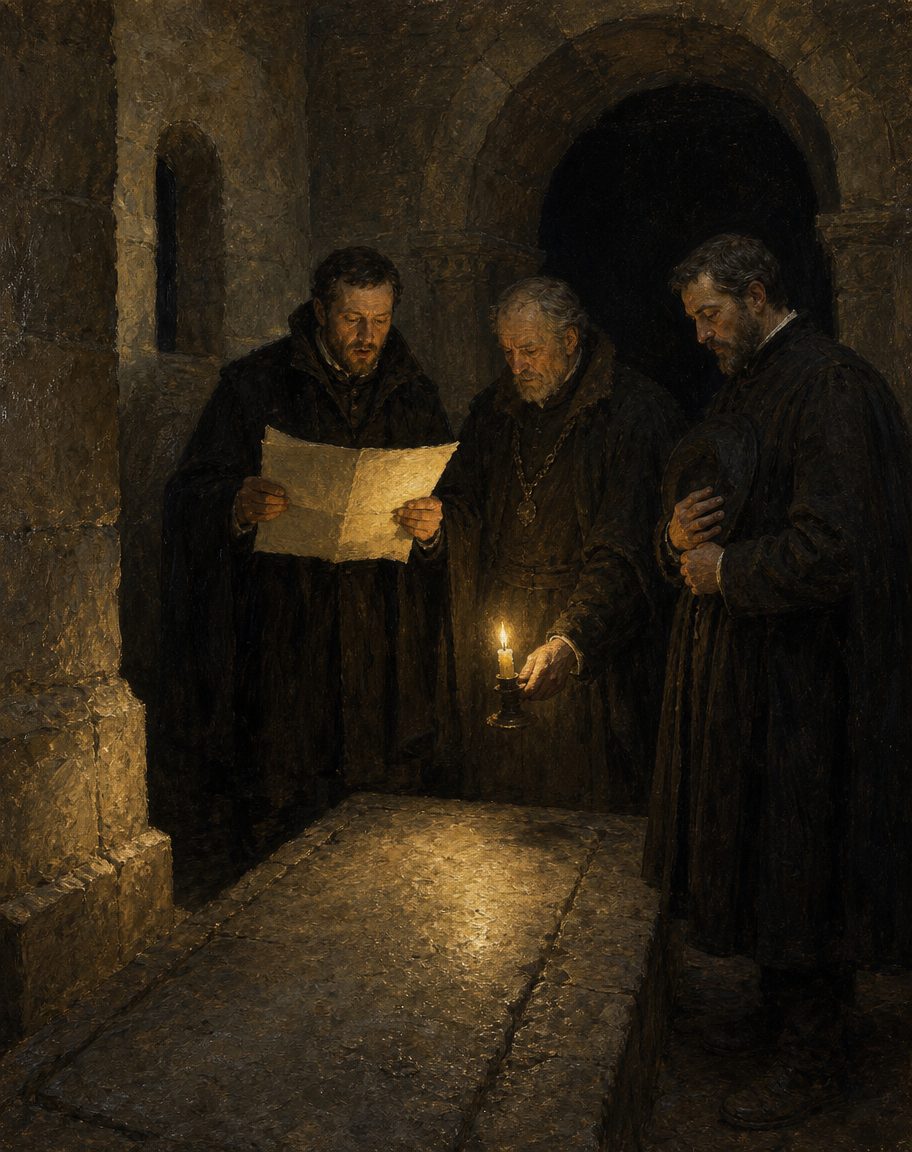 O ritual que contam os autores oitocentistas: durante muito tempo, a lista dos vereadores de cada ano era aberta e lida junto da sepultura dela, na Igreja Matriz. Tradição, não documento. Pintura. cena evocada.