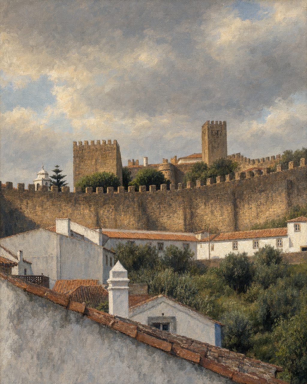 As muralhas de Óbidos vistas de fora, com o castelo e a torre de menagem sobre a encosta; as casas em baixo são já o arrabalde, fora do recinto. Dentro das muralhas viviam, em 1527, 161 pessoas, cerca de um décimo da população do concelho, e as rendas da vila iam parar à bolsa da rainha de Portugal. O castelo e o conjunto urbano são Monumento Nacional desde 1950. (Pintura a partir de uma fotografia real do local, de Duca696, CC BY-SA 3.0, via Wikimedia Commons: commons.wikimedia.org/wiki/File:Vista_sobre_as_muralhas_e_Vila_de_Óbidos.jpg. Pintura derivada partilhada sob CC BY-SA 3.0.)