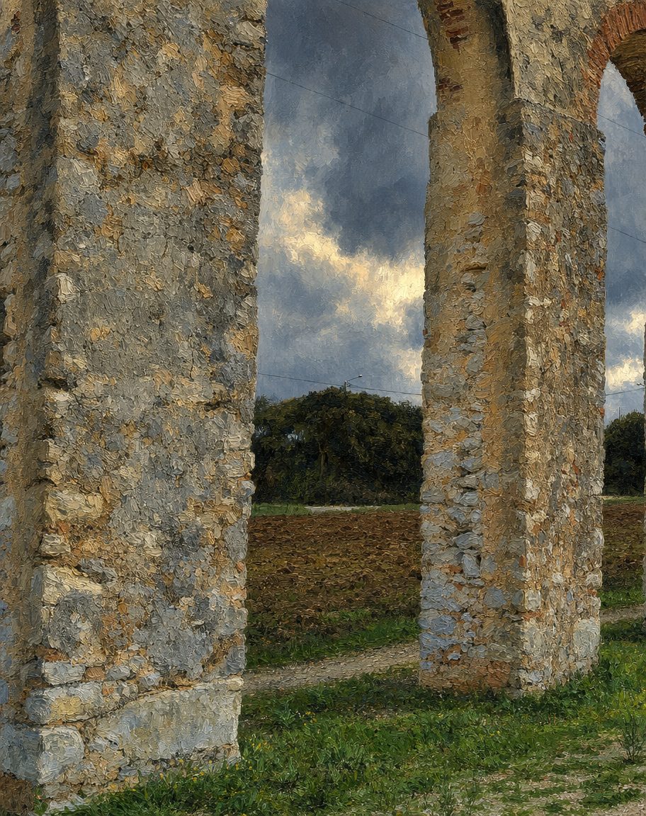 O aqueduto que abastecia Óbidos. As obras começaram em 1573, custeadas pela rainha D. Catarina de Áustria; em troca, a câmara entregou-lhe os terrenos da antiga Veiga do Mocharro. A Casa das Rainhas ficava ainda obrigada a uma quantia anual para a conservação do cano de água da vila. O aqueduto foi reparado ao longo dos séculos e continua de pé, classificado como Imóvel de Interesse Público. (Pintura a partir de uma fotografia real do local, de Patricia Laraia, CC BY-SA 4.0, via Wikimedia Commons: commons.wikimedia.org/wiki/File:Aqueduto_de_Óbidos_em_Portugal_Patricia_Laraia.jpg. Pintura derivada partilhada sob CC BY-SA 4.0.)