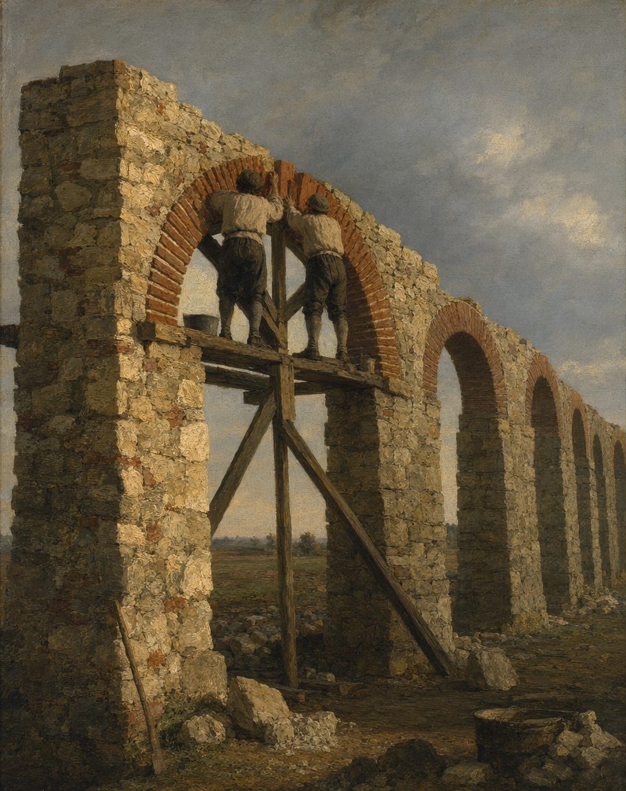 Em 1573 começaram as obras do aqueduto que havia de trazer água da Usseira até ao chafariz da Praça de Santa Maria: quilómetros de arcaria e de cano enterrado, custeados pela rainha. (Pintura.)