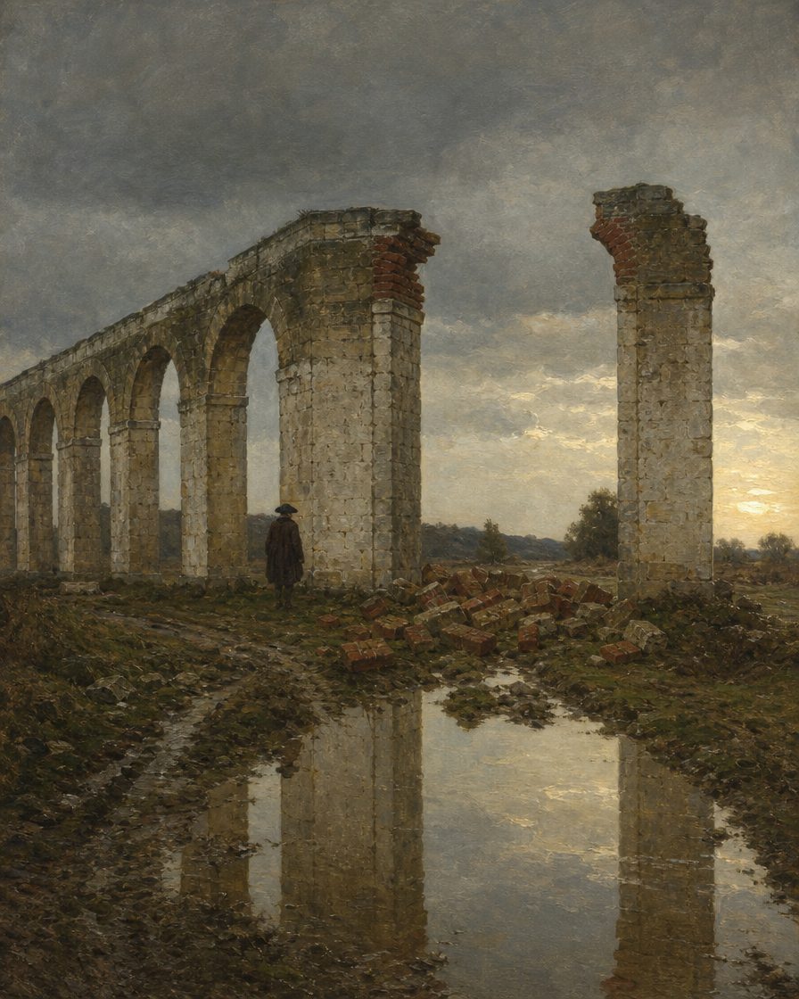 Uma das brechas abertas no aqueduto em 1784. A vereação deliberou escrever à rainha, são palavras da acta, «chamando a atenção da mesma para as suas obrigações». O aqueduto foi reparado e continua de pé. (Pintura: evocação do desabamento de 1784, não o estado actual do monumento.)
