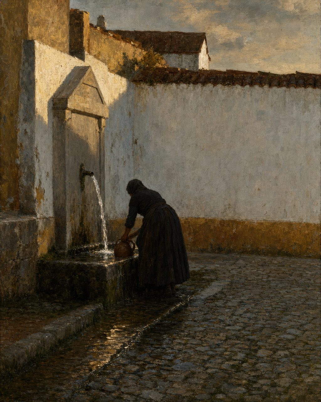 Sem água nos chafarizes dentro das muralhas, a câmara chamou em 1861 Faustino Gama Júnior, filho do particular que comprara a Várzea da Rainha. Respondeu que tinha dúvidas se seria mesmo obrigado a fazê-lo, e mandou fazer a reparação à sua custa, por aquela vez. (Pintura: evocação, não o retrato de um chafariz determinado.)
