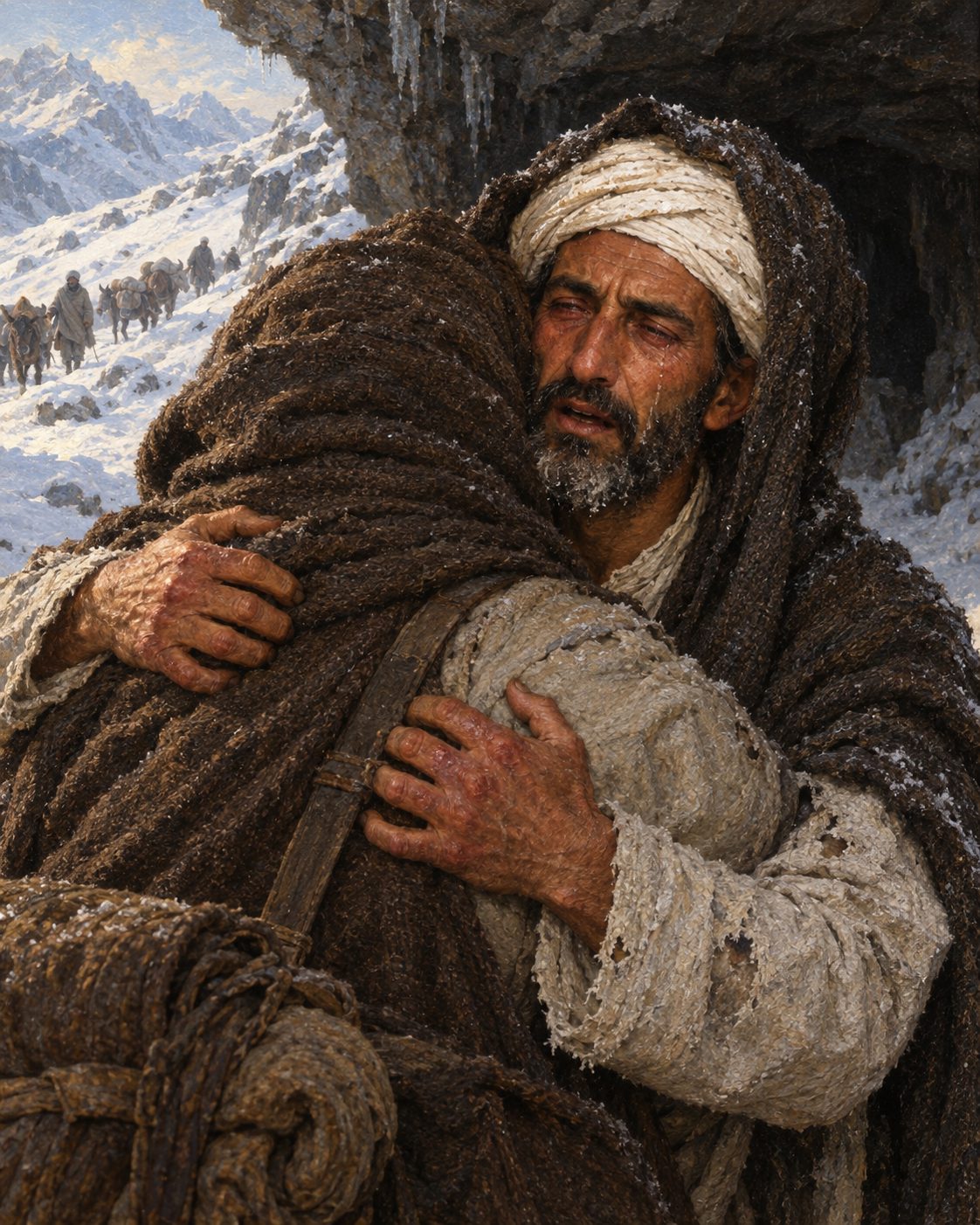 Evocação pintada da descida dos Himalaias, em 1624. Andrade estava quase cego da neve. Quando o irmão Manuel Marques chegou com uma caravana, escreveu que só o reconheceu depois de o ter nos braços. Figuras evocadas, não retratos.