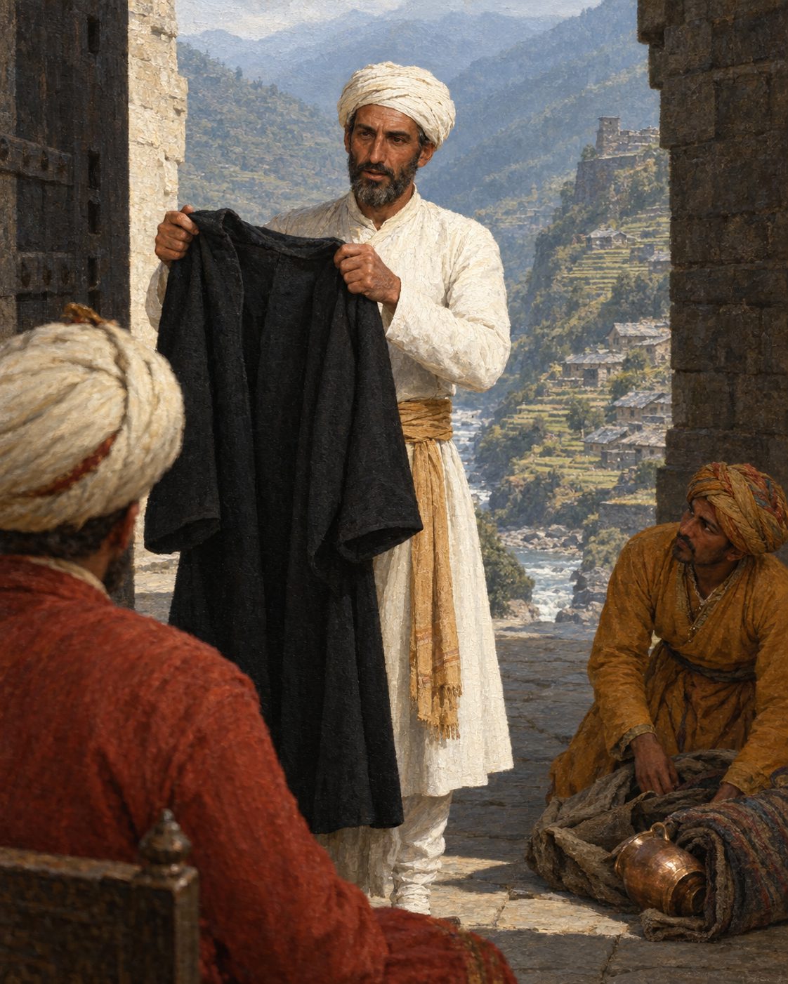 Evocação pintada de António de Andrade em Srinagar, a do vale do Ganges, em 1624, onde os retiveram cinco dias. Disse que ia ao Tibete à procura de um irmão seu; quando lhe encontraram na bagagem as roupas pretas de padre, explicou que eram para o luto, se o irmão tivesse morrido. Evocação, não retrato.