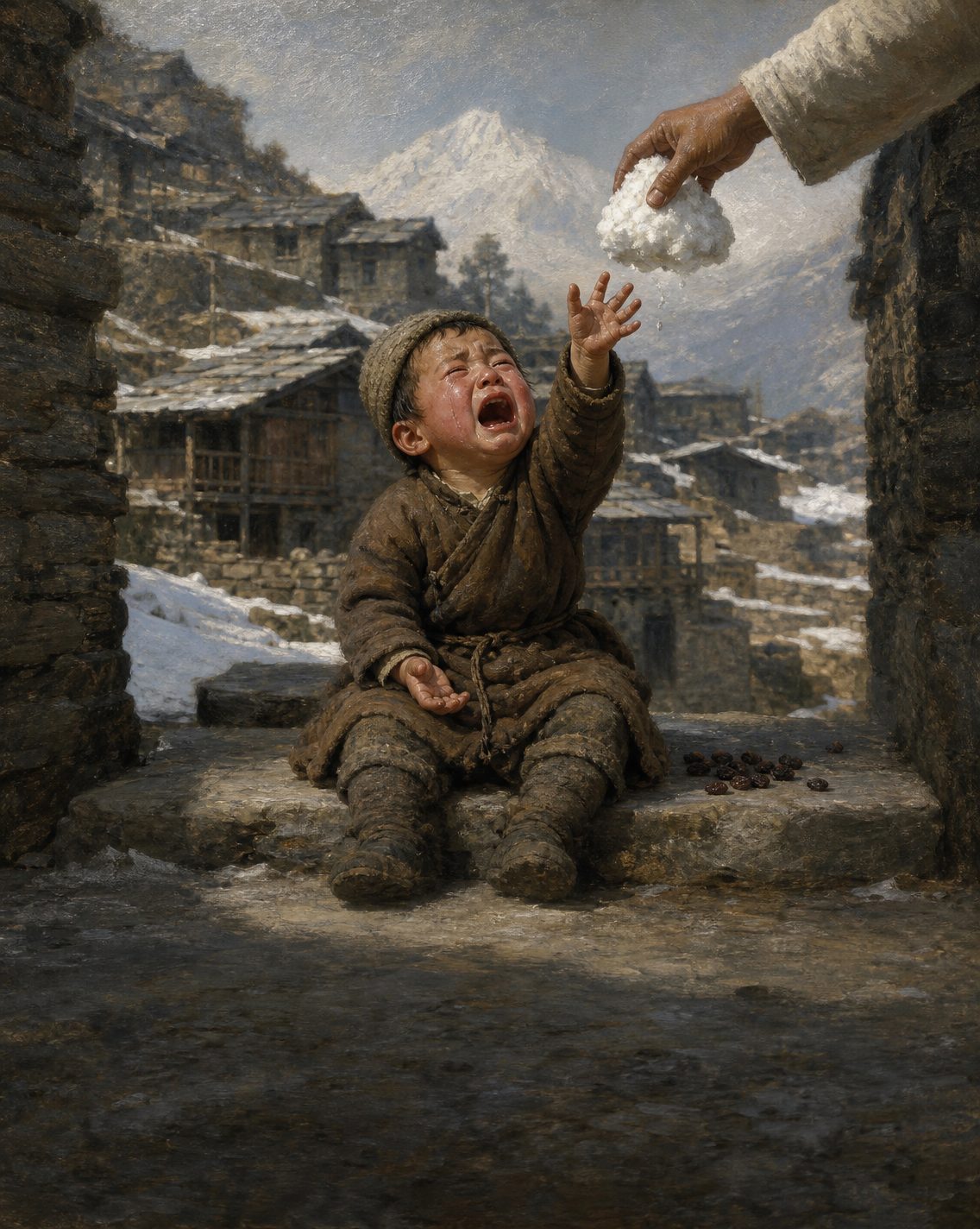 Evocação pintada de um episódio que Andrade conta a caminho do Tibete, perto de Badrinath: um menino de dois ou três anos comia um pedaço de neve. Mandou que lhe dessem passas e lhe tirassem a neve das mãos. O menino deitou as passas fora e chorou pela sua neve. Figura genérica, não retrato.