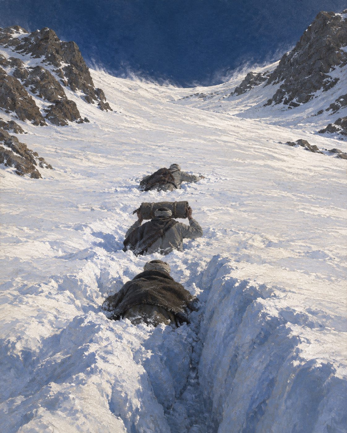Evocação pintada da travessia de 1624. O passo por onde se entra no Tibete fica a mais de cinco mil e quatrocentos metros. Muitas vezes ficavam enterrados na neve até ao peito, ou até aos ombros, e avançavam por cima dela com o corpo, como quem nada. Figuras genéricas.