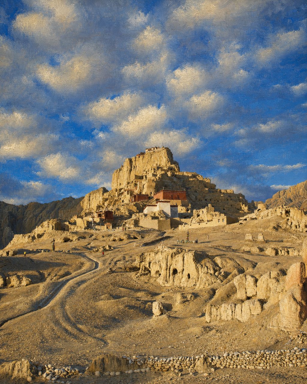 Pintura das ruínas de Tsaparang, a antiga capital do reino de Guge, no Tibete ocidental, a partir de uma fotografia de Jean-Marie Hullot (CC BY-SA 4.0, Wikimedia Commons). Andrade chegou aqui no princípio de agosto de 1624. Ainda hoje há em Tsaparang templos antigos de paredes pintadas.